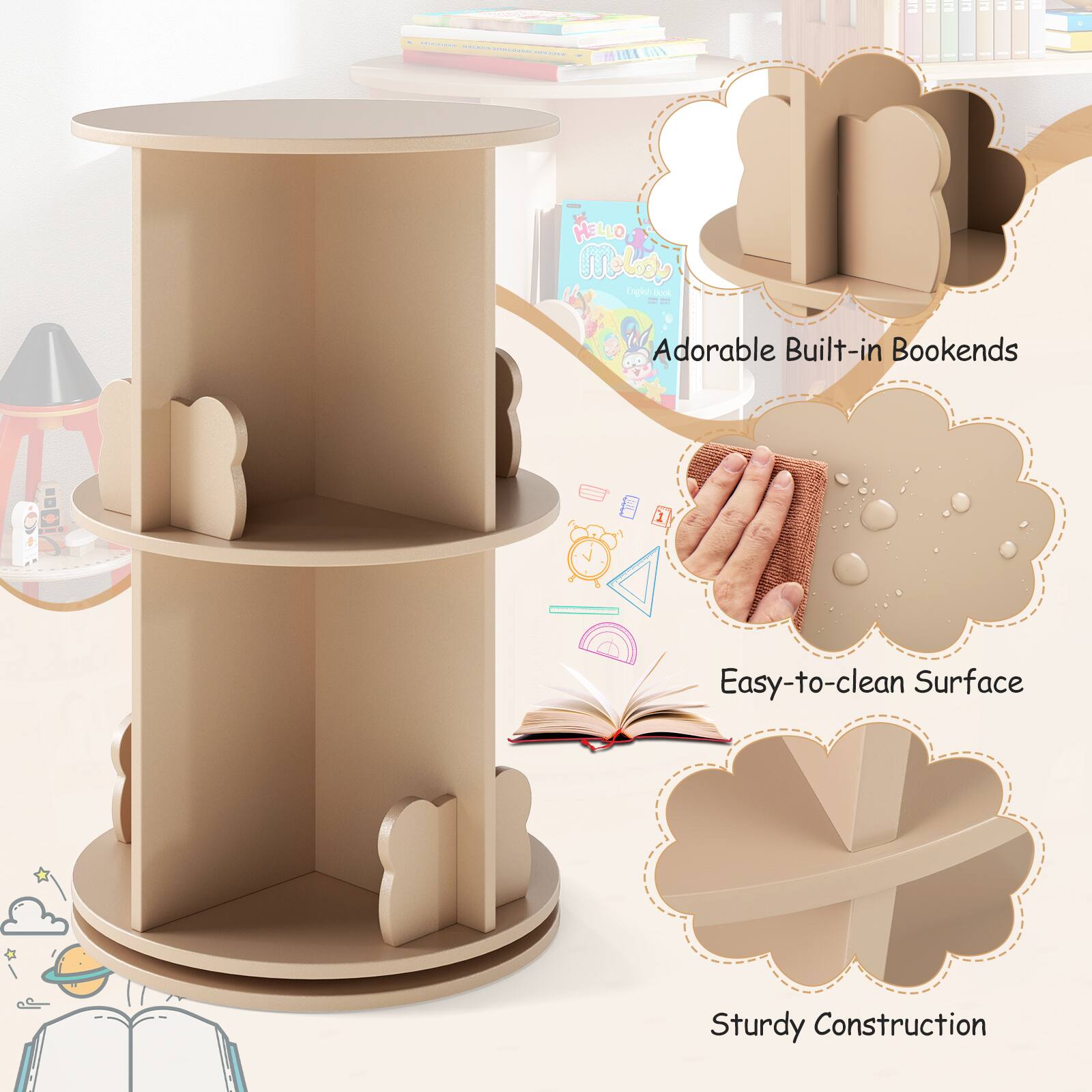 Adorable Built-in Bookends, Easy-to-clean Surface, Sturdy Construction