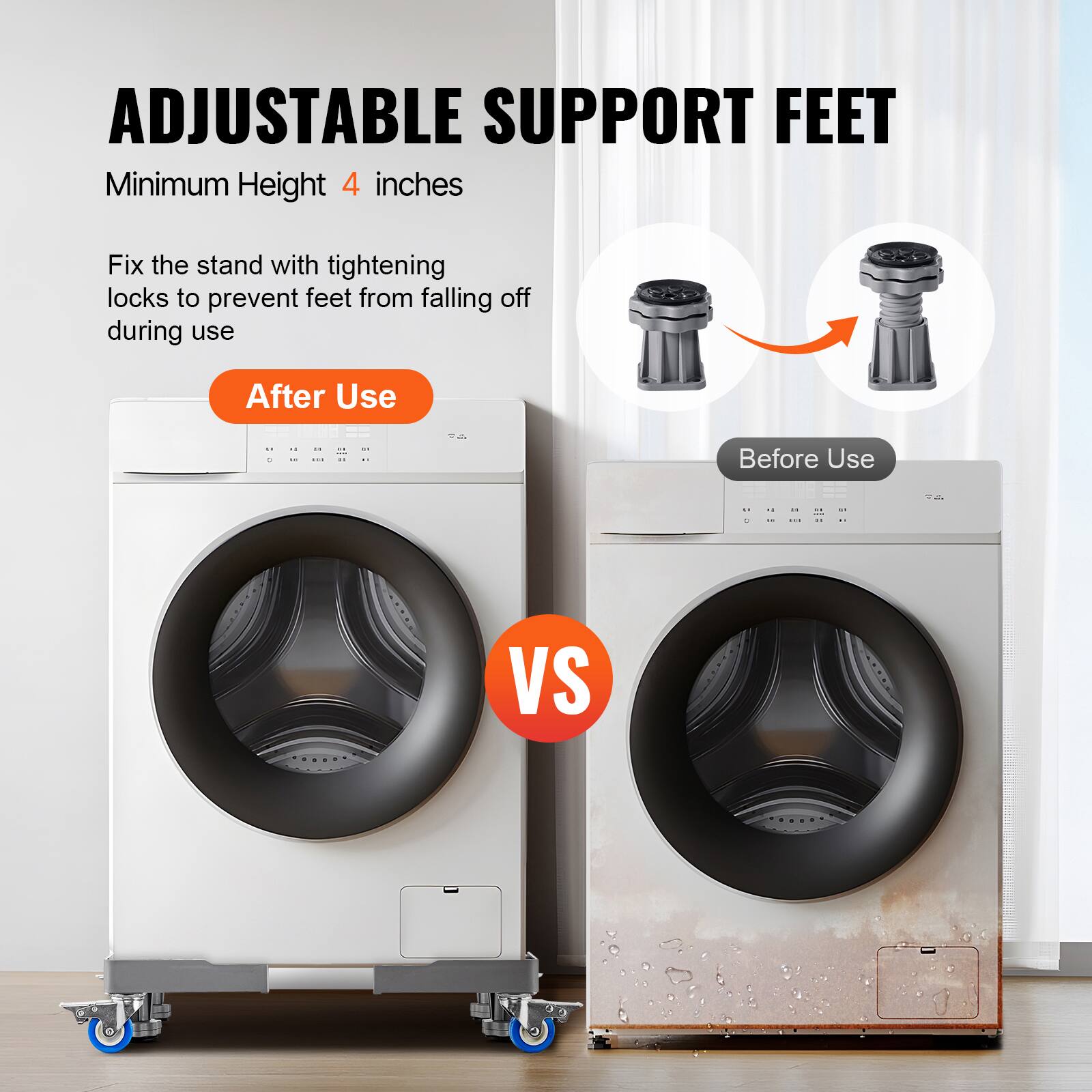 ADJUSTABLE SUPPORT FEET  
Minimum Height 4 inches  

Fix the stand with tightening locks to prevent feet from falling off during use  

After Use  

Before Use  

VS