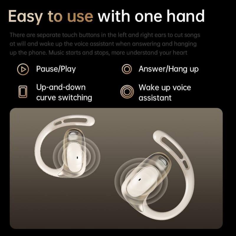 Easy to use with one hand

There are separate touch buttons in the left and right ears to cut songs at will and wake up the voice assistant when answering and hanging up the phone. Music starts and stops, more understand your heart

- Pause/Play
- Answer/Hang up
- Up-and-down curve switching
- Wake up voice assistant