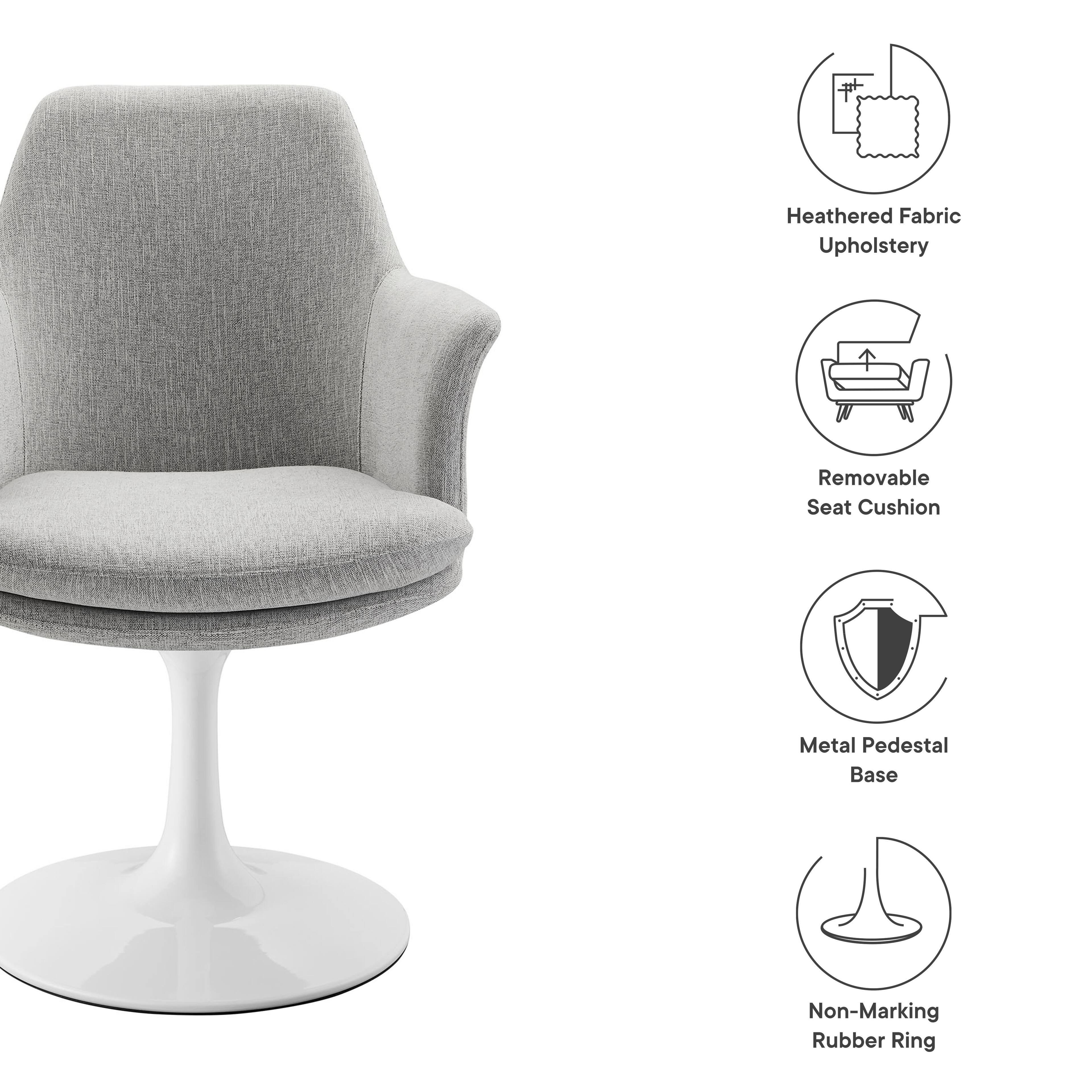 - Heathered Fabric Upholstery
- Removable Seat Cushion
- Metal Pedestal Base
- Non-Marking Rubber Ring
