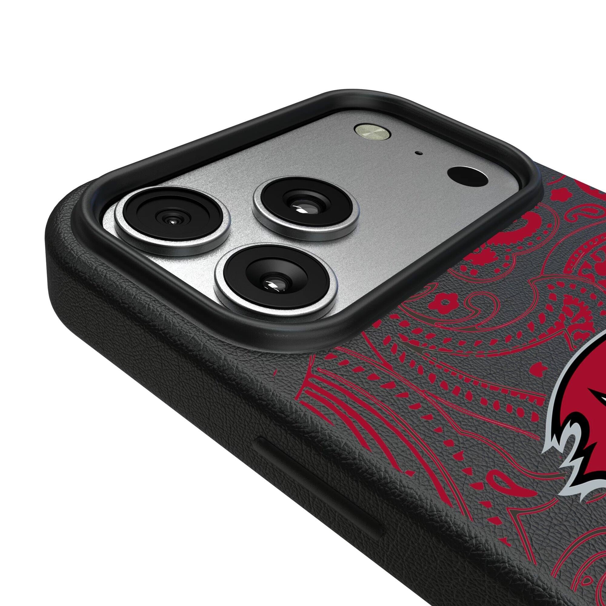 Alt View 2. Keyscaper - Tampa Bay Buccaneers Paisley iPhone Magnetic Bump Case - 15 Pro Max - Black.