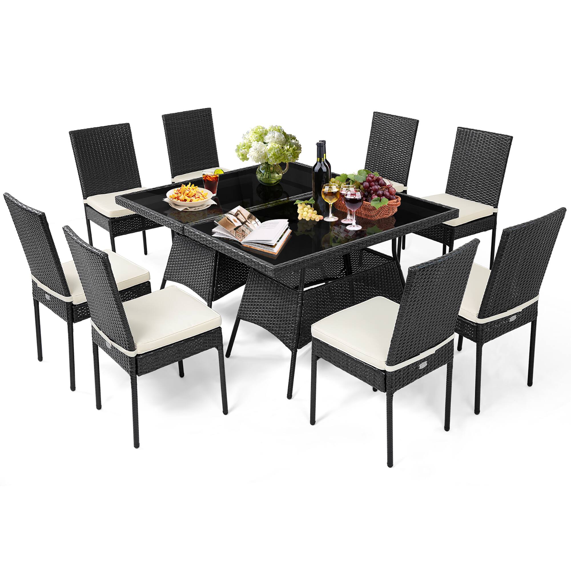 Costway - 10PCS Patio Rattan Dining Set Cushioned Chair Table with Glass Top Garden Furniture - Black