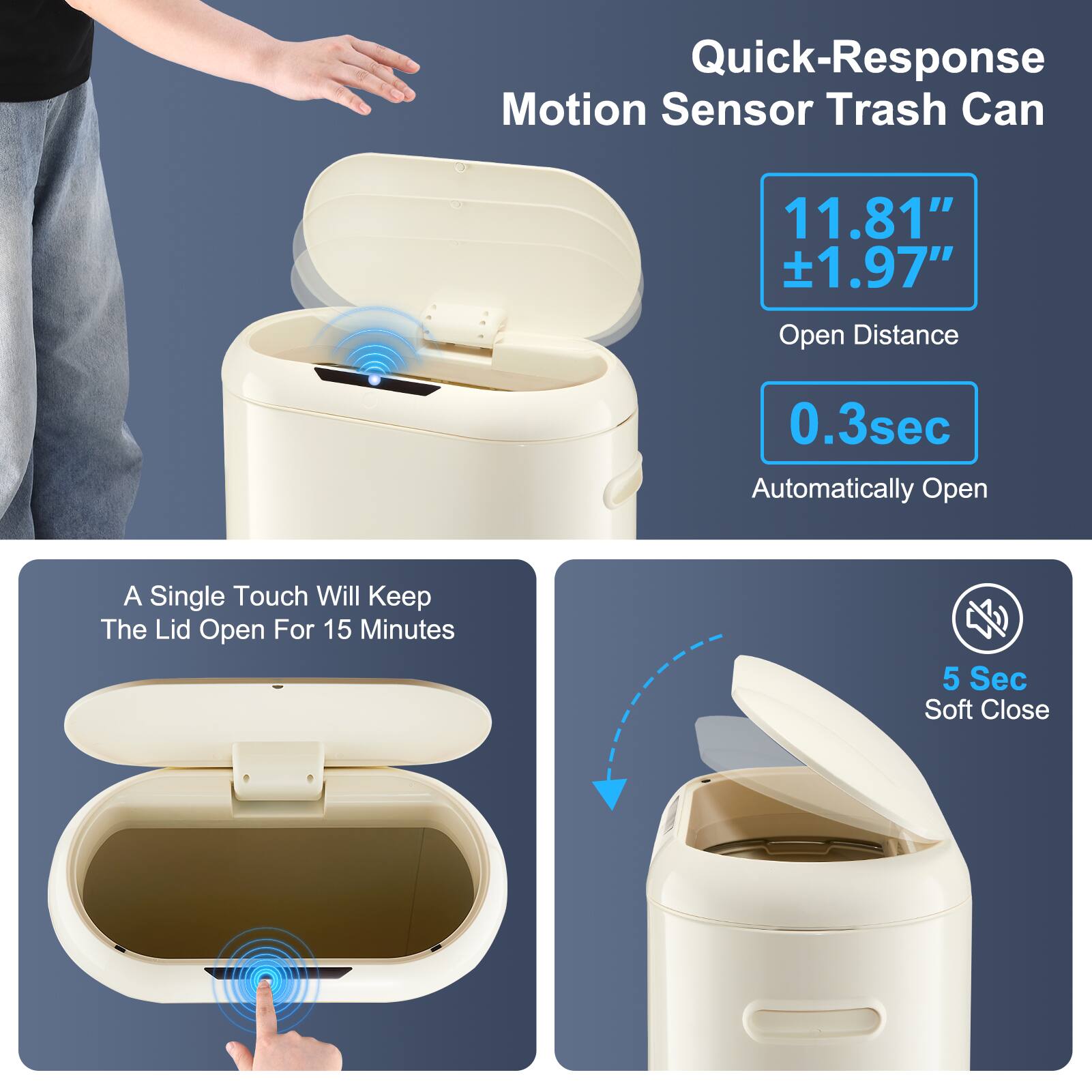 Quick-Response Motion Sensor Trash Can

- 11.81" ± 1.97" Open Distance
- 0.3 sec Automatically Open
- A Single Touch Will Keep The Lid Open For 15 Minutes
- 5 Sec Soft Close