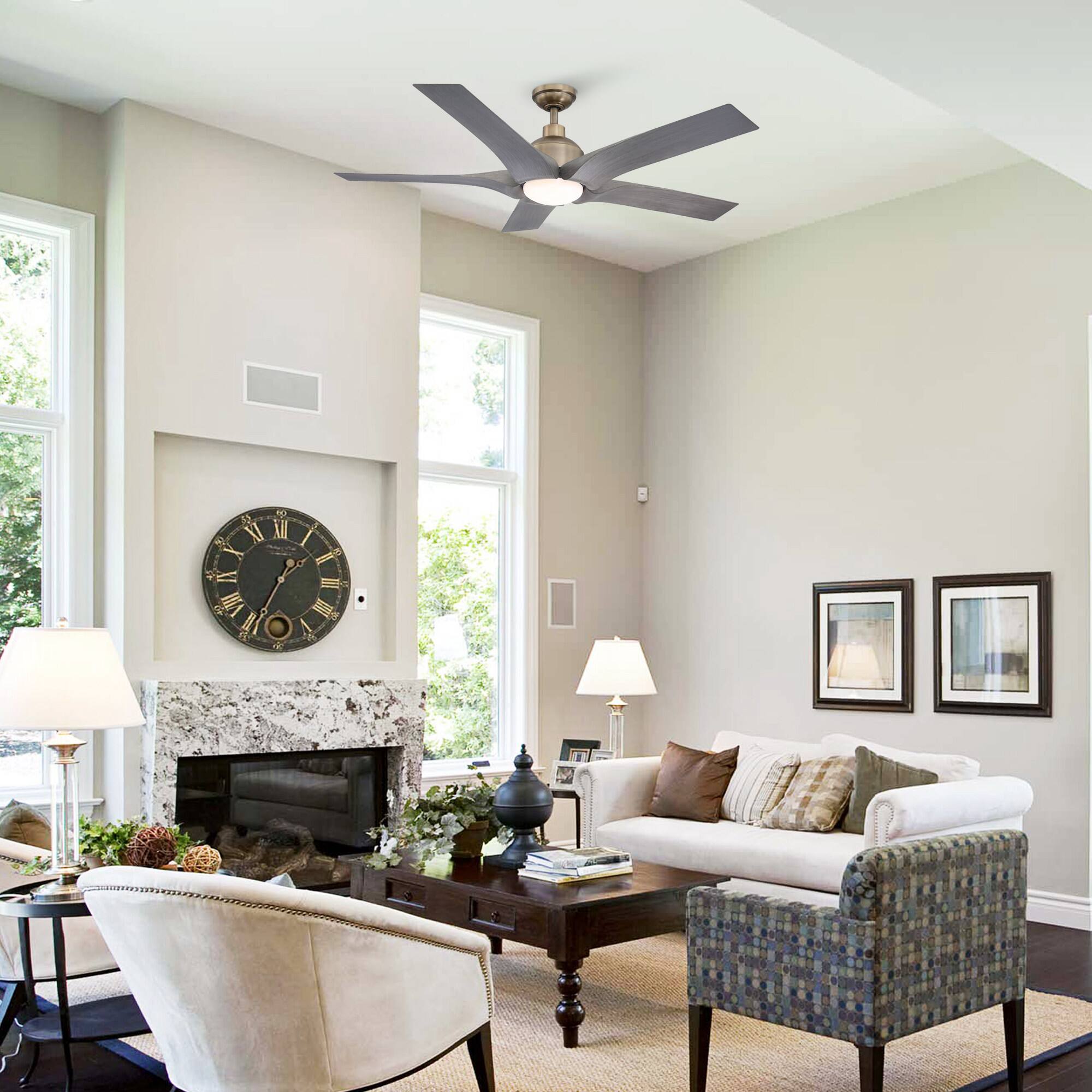 Left. Parrot Uncle - 56" Modern Brushed Bronze LED Ceiling Fan with Remote, 5 Grey Woodgrain ABS Blades, Reversible DC Motor - Brushed Bronze.