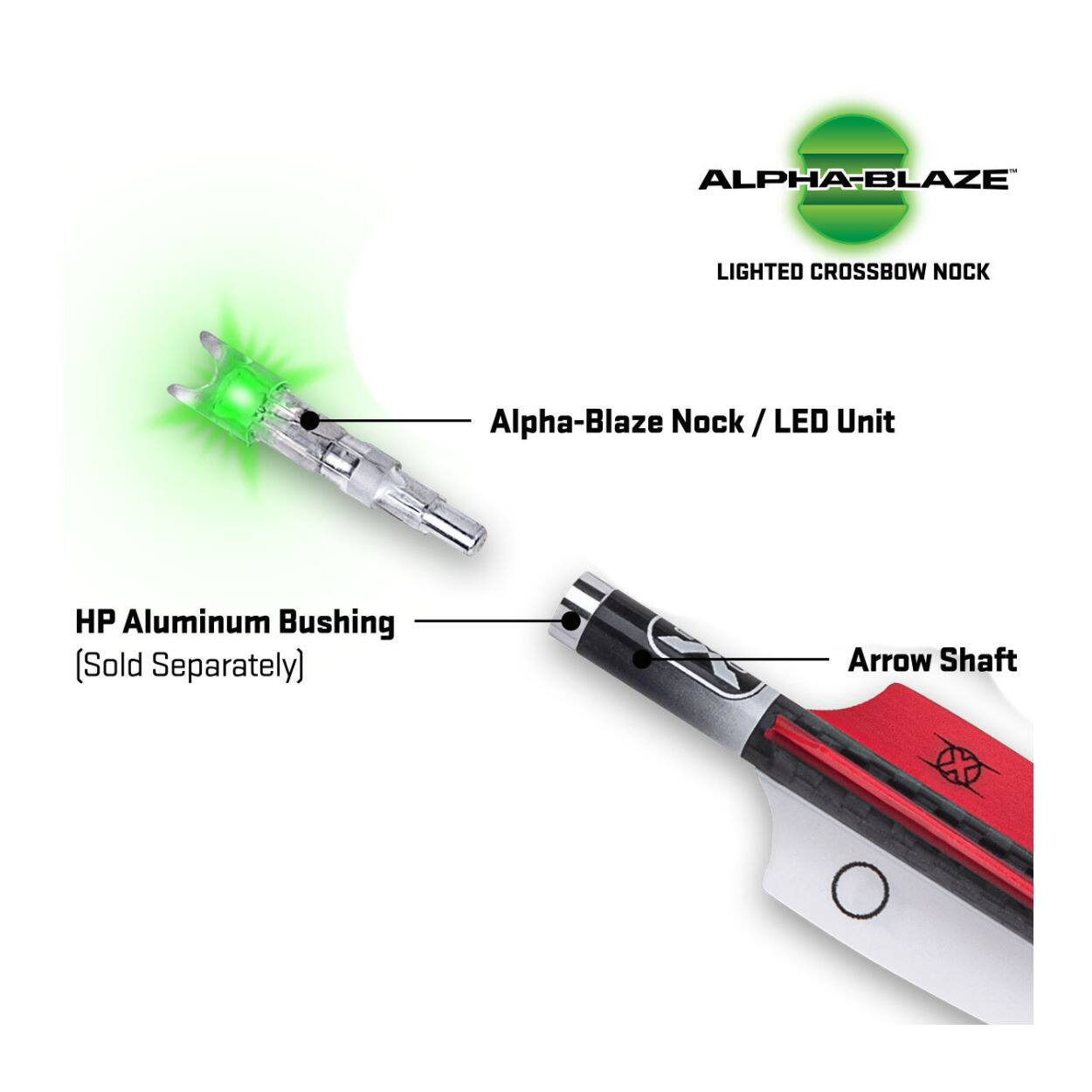 ALPHA-BLAZE LIGHTED CROSSBOW NOCK

Alpha-Blaze Nock / LED Unit

HP Aluminum Bushing (Sold Separately)

Arrow Shaft