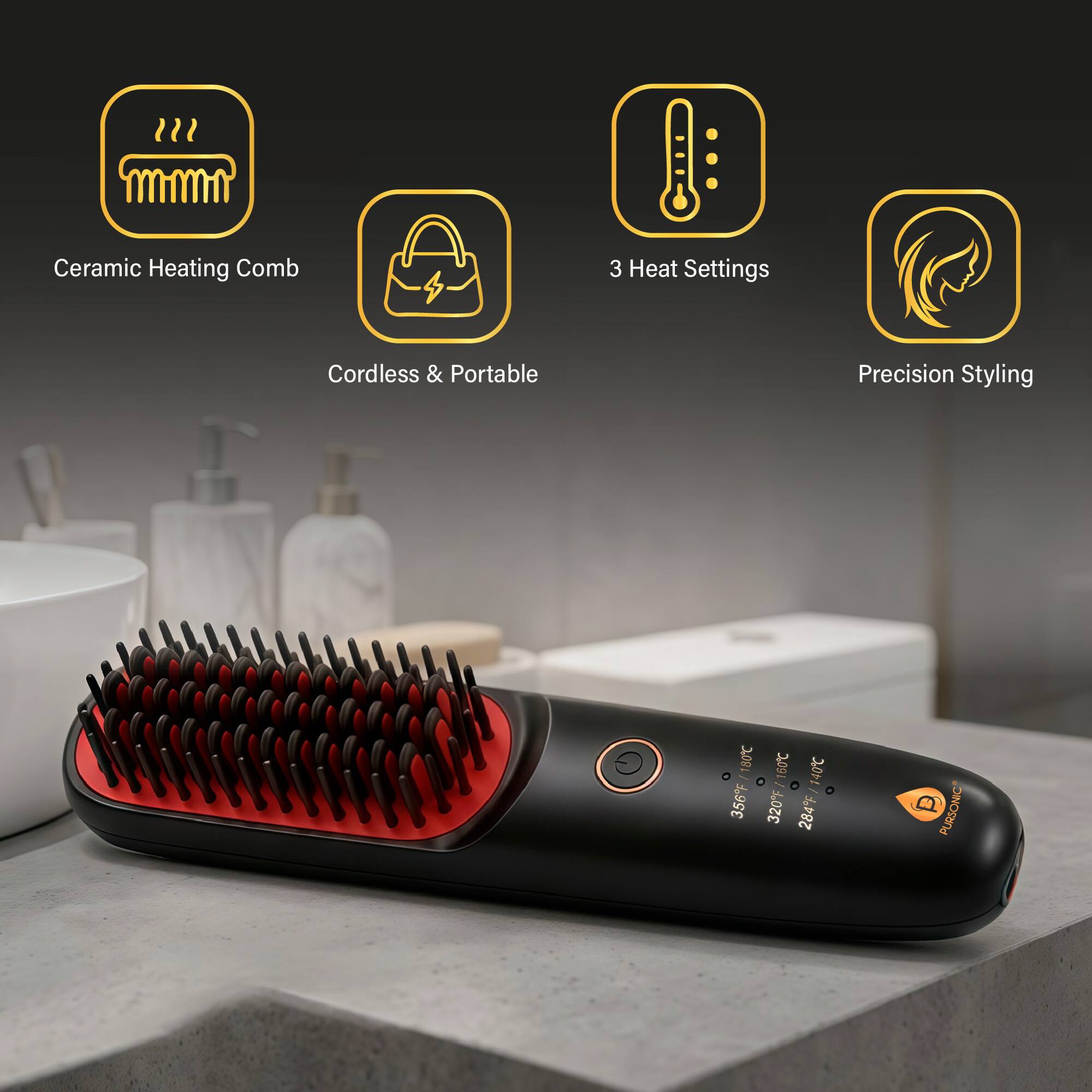 Ceramic Heating Comb  
3 Heat Settings  
Cordless & Portable  
Precision Styling  

180°C / 356°F  
160°C / 320°F  
140°C / 284°F  

PURSONIC