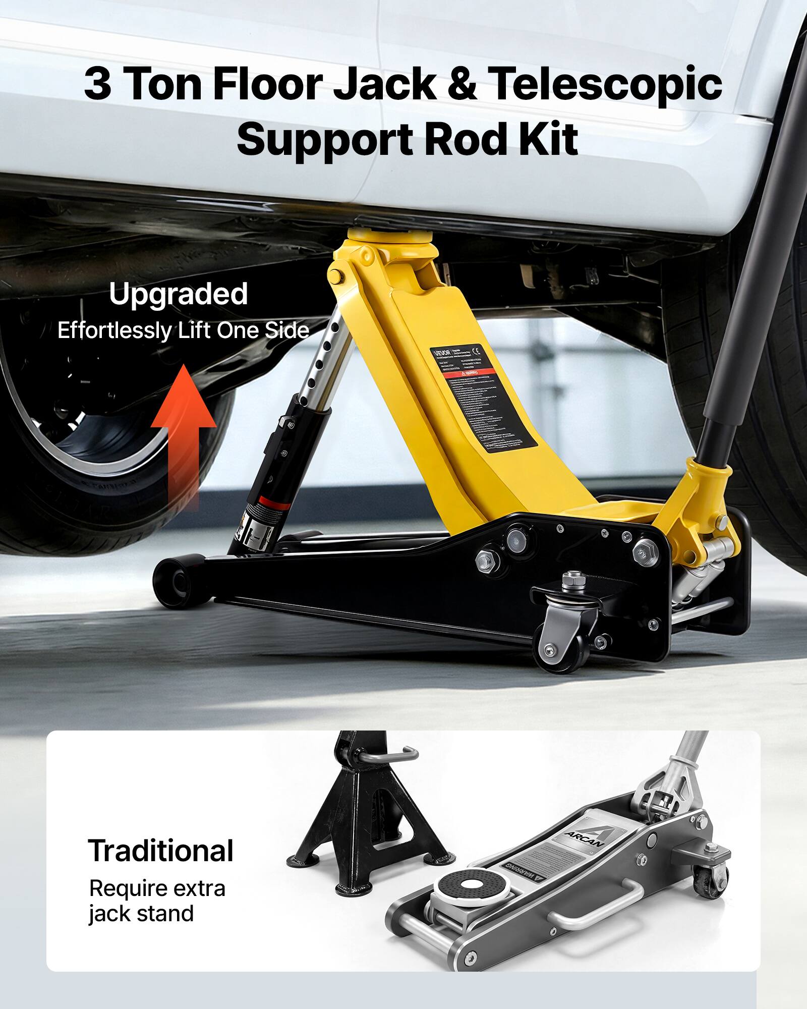 3 Ton Floor Jack & Telescopic Support Rod Kit

Upgraded
Effortlessly Lift One Side

Traditional
Require extra jack stand