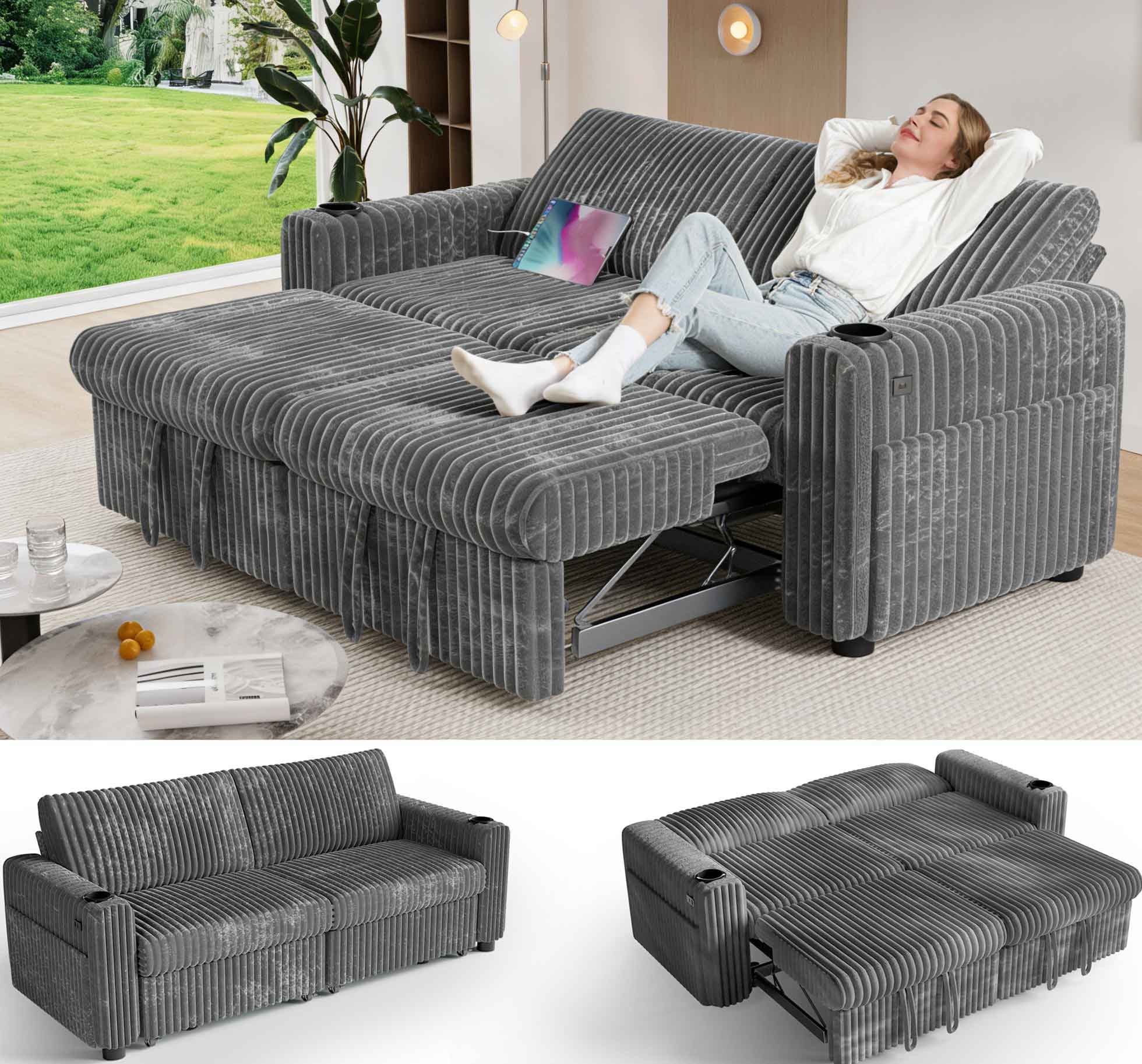 Front. Dyonery - Dyonery 91"Sleeper Sofa, Pull-out bed  with reclining backrest, USB ports, cup holders. Tool-free assembly, Gray - Gray.