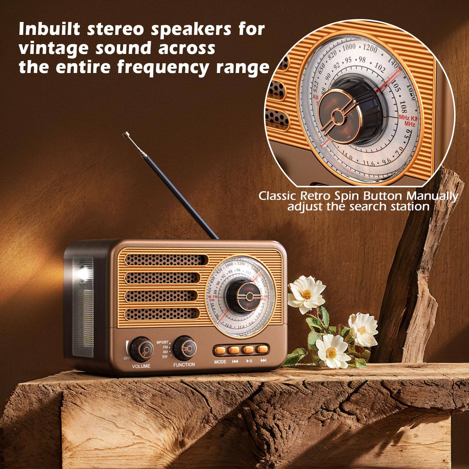Inbuilt stereo speakers for vintage sound across the entire frequency range

Classic Retro Spin Button Manually adjust the search station