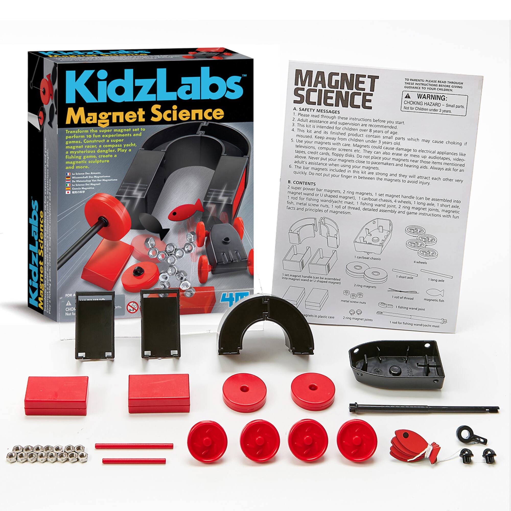 MAGNET SCIENCE  
KidzLabs  

WARNING: CHOKING HAZARD Small parts. Not for children under 3 years.  

A. SAFETY MESSAGES  
1. Please read through these instructions before you start.  
2. This kit is intended for children over 8 years of age.  
3. This kit and its finished product may contain small parts which may cause choking if swallowed.  
4. Keep away from children under 3 years.  
5. Do not place magnets near televisions, computer screens, or other electrical appliances like audio or video equipment.  
6. Magnets could cause damage to electrical appliances like audio or video equipment.  
7. Do not place magnets close to pacemakers or hearing aids.  
8. Always use adult's assistance when using pacemakers mentioned above.  
9. Do not place your finger between the magnets to avoid injury.  

B. CONTENTS  
1. 2 strong bar magnets  
2. 2 magnet wands or U-shaped magnets  
3. 1 magnet handle (can be assembled into a fishing rod)  
4. 1 fishing line  
5. 1 fishing hook  
6. 1 fishing net  
7. 1 fishing boat  
8