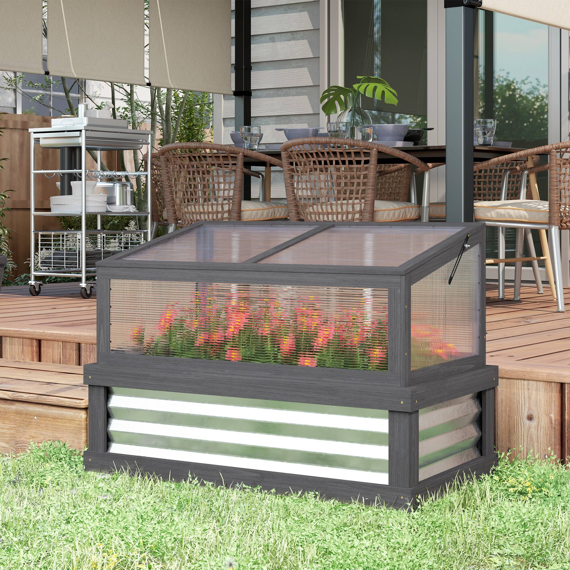 Alt View 1. Outsunny - Raised Garden Bed with Polycarbonate Greenhouse, Lean-to Garden Wooden Cold Frame Greenhouse, 41" x 22.5" x 28.25".