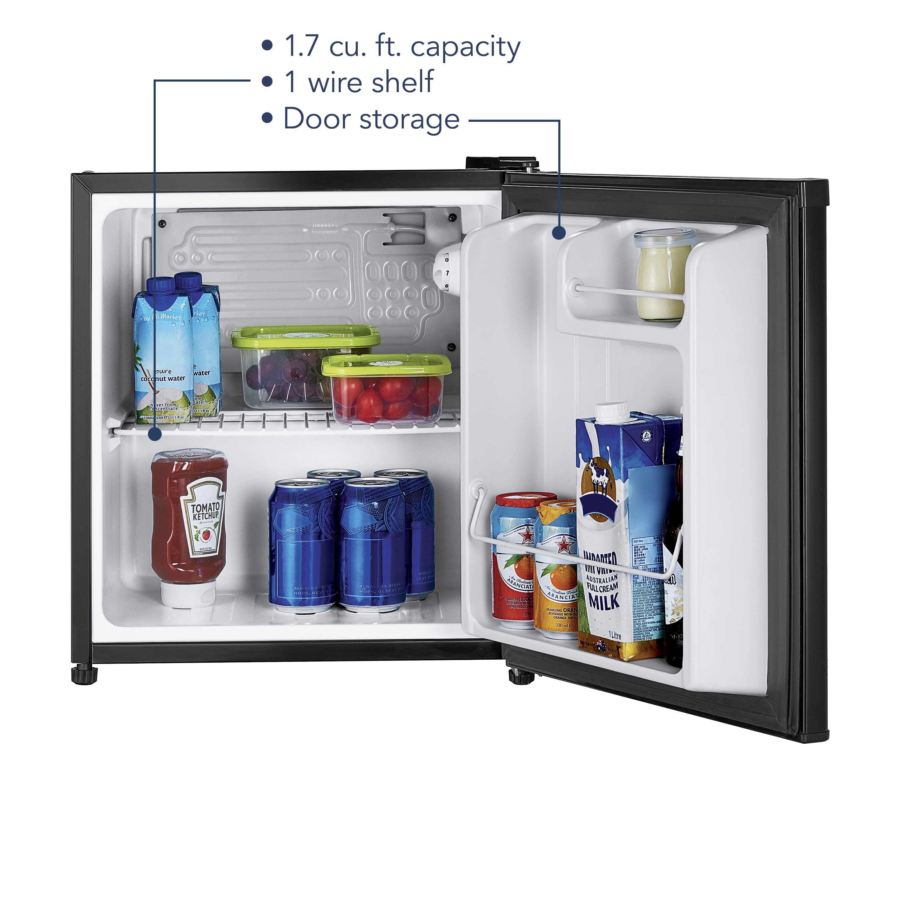 The image shows a small refrigerator with a capacity of 1.7 cubic feet. It has a wire shelf and door storage. The refrigerator is filled with various items, including milk, tomato ketchup, and Canadian Club whiskey.
