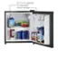 The image shows a small refrigerator with a capacity of 1.7 cubic feet. It has a wire shelf and door storage. The refrigerator is filled with various items, including milk, tomato ketchup, and Canadian Club whiskey.