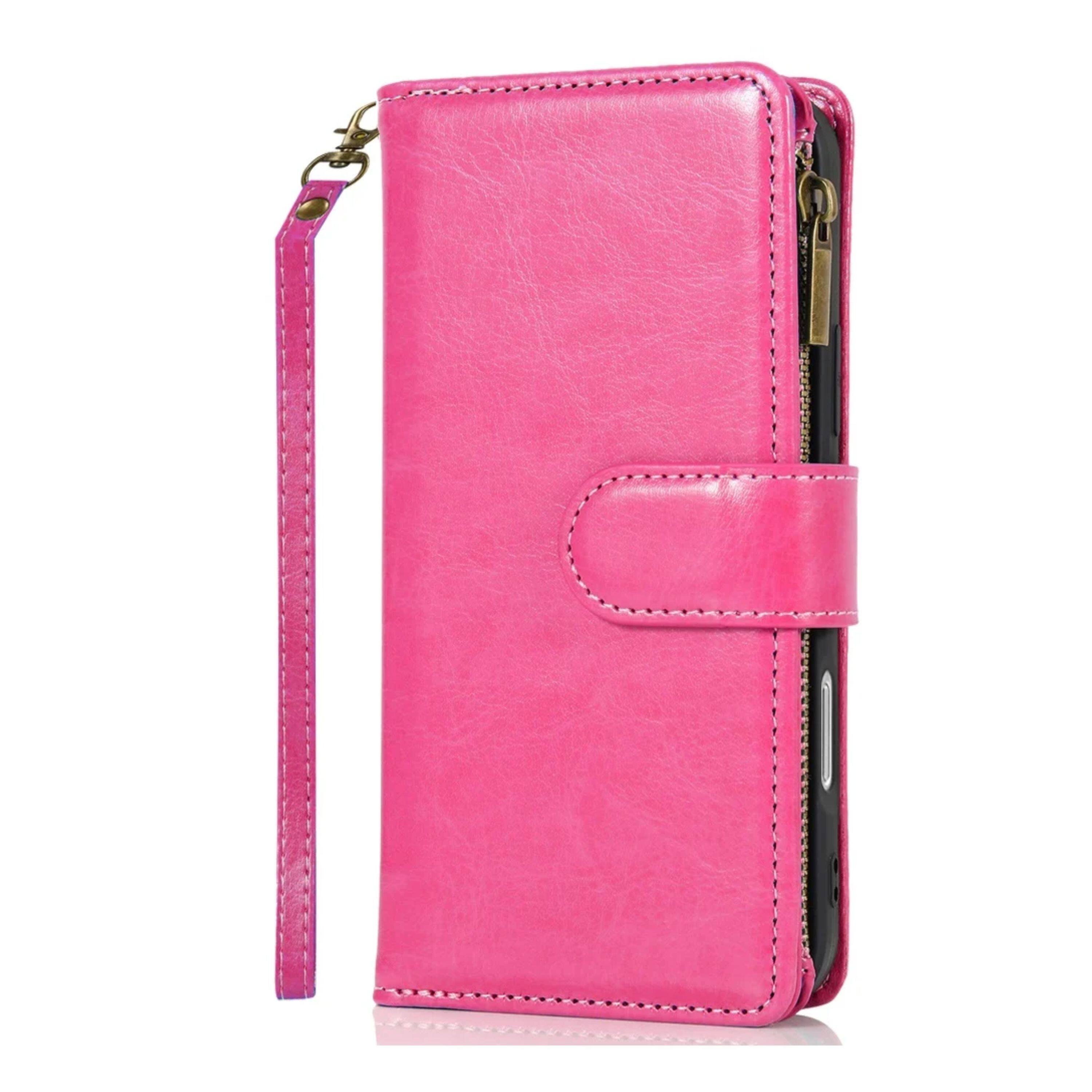 Back. Kitcheniva - PU Leather Phone Wallet Zipper With Tempered Glass For iPhone 16 Pro Max Hot Pink - Hot Pink.