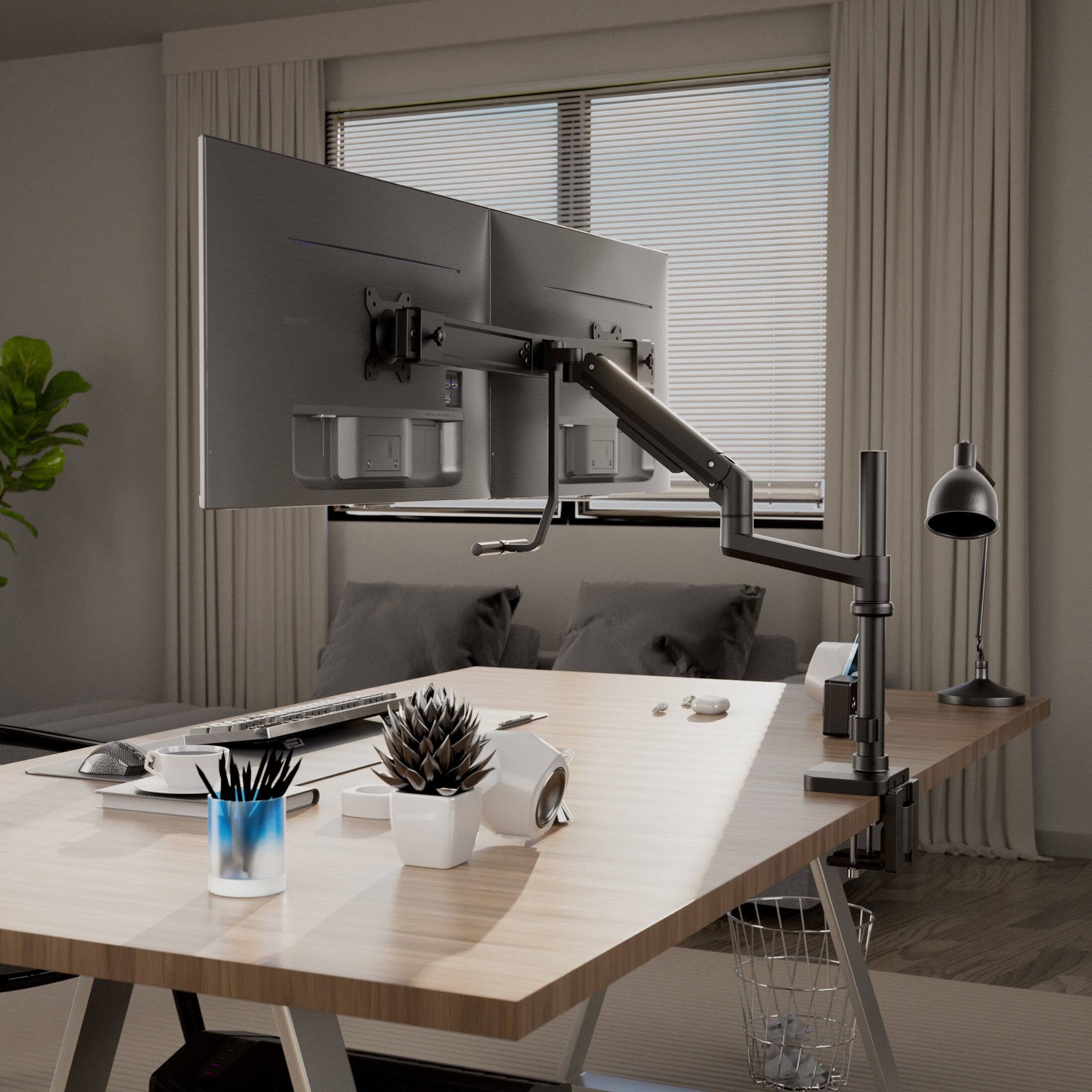 Angle. Mount-It! - Dual Monitor Desk Mount with Pole Crossbar, USB-C, Gas Spring Arms for 17-32 Inch Screens - Black.