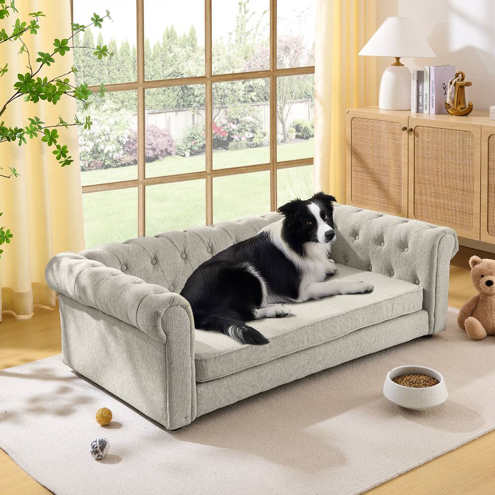 Angle. AOSTIRMOTOR - Beige Rectangular Oversized Soft Linen Fabric Elevated Durable Dogs Pet Sofa Bed - Beige.