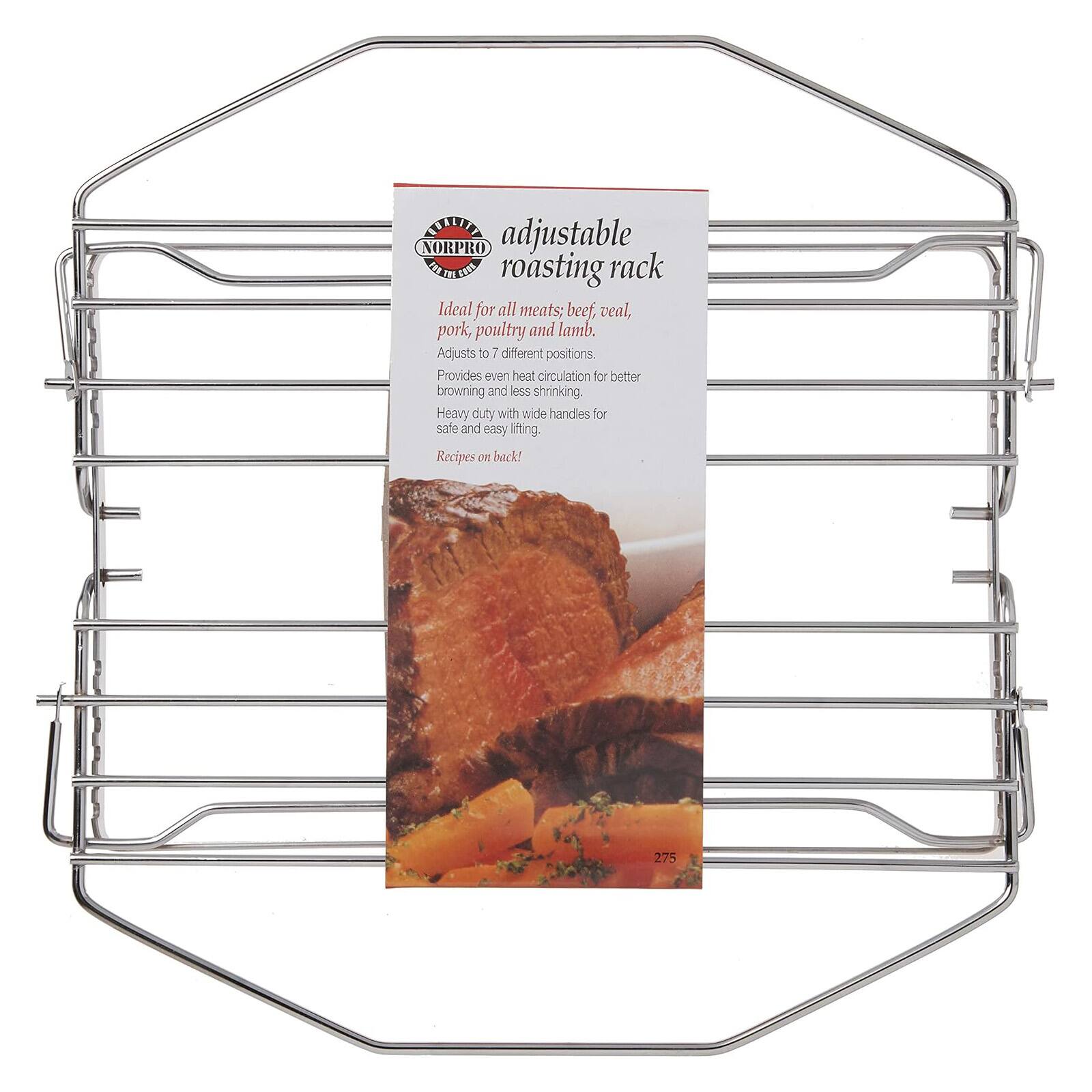 NORPRO adjustable roasting rack

Ideal for all meats; beef, veal, pork, poultry and lamb. Adjusts to 7 different positions. Provides even heat circulation for better browning and less shrinking. Heavy duty with wide handles for safe and easy lifting. Recipes on back!
