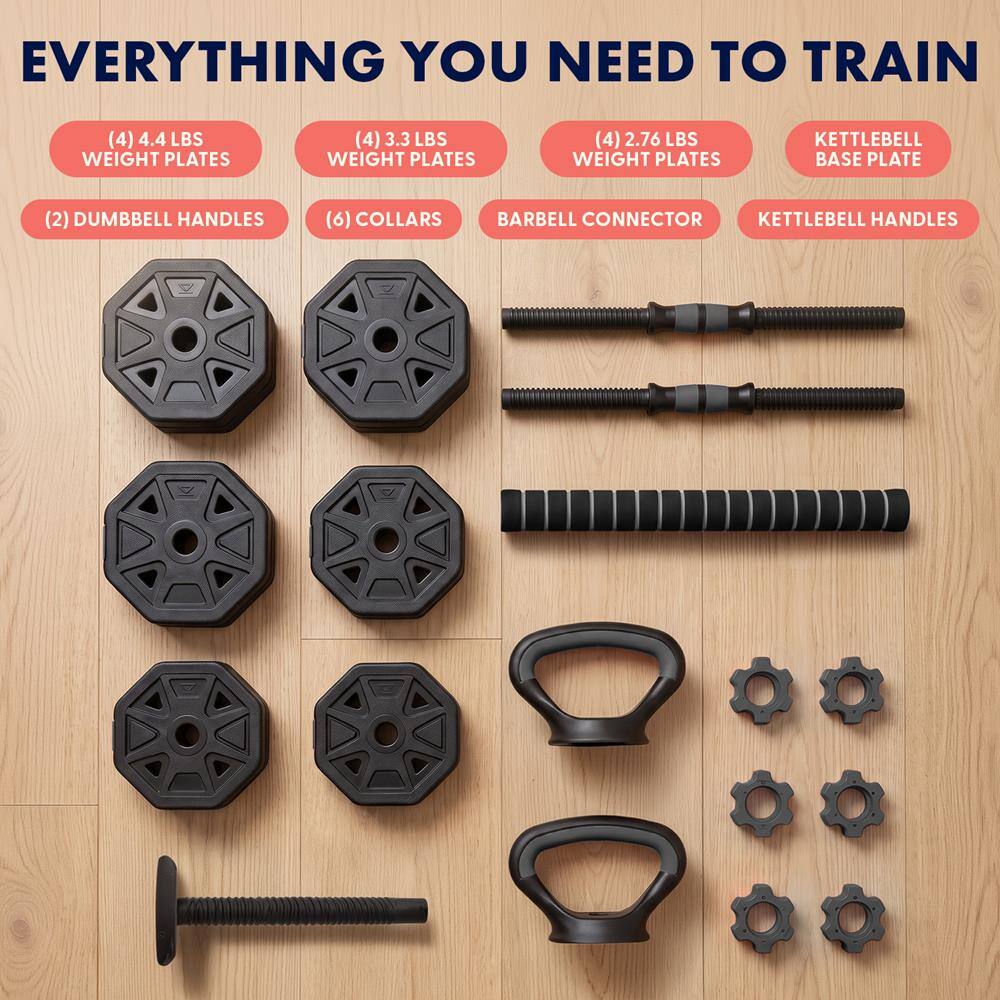EVERYTHING YOU NEED TO TRAIN

(4) 4.4 LBS WEIGHT PLATES  
(4) 3.3 LBS WEIGHT PLATES  
(4) 2.76 LBS WEIGHT PLATES  
KETTLEBELL BASE PLATE  
(2) DUMBBELL HANDLES  
(6) COLLARS  
BARBELL CONNECTOR  
KETTLEBELL HANDLES
