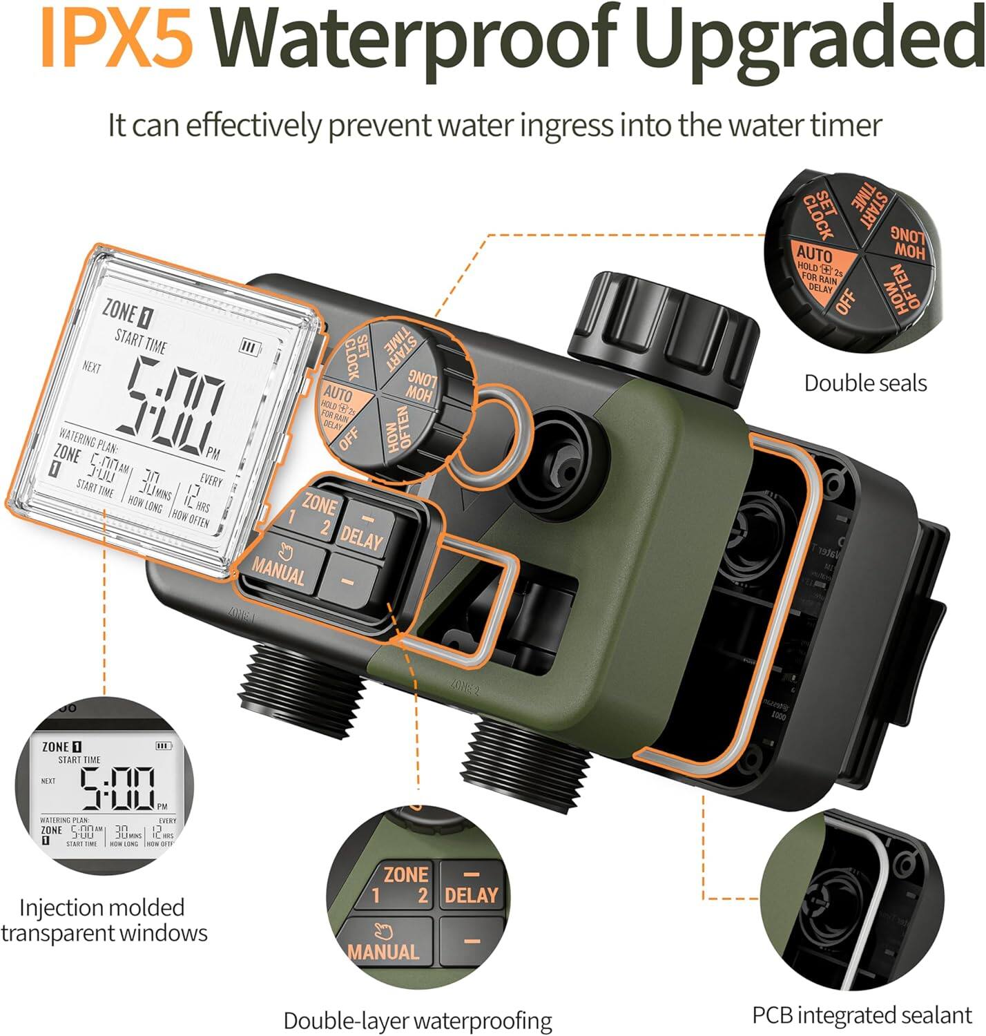 IPX5 Waterproof Upgraded

It can effectively prevent water ingress into the water timer

- Double seals
- Injection molded transparent windows
- Double-layer waterproofing
- PCB integrated sealant