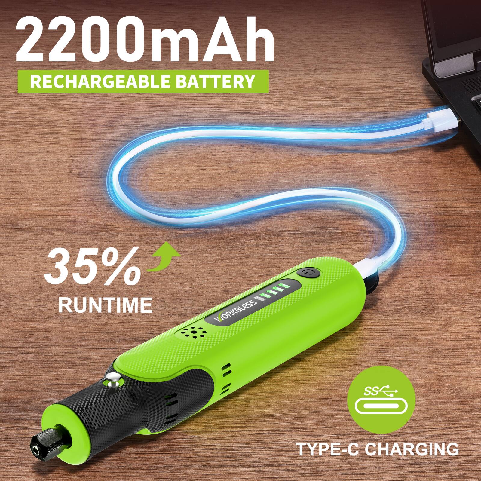2200mAh RECHARGEABLE BATTERY  
35% RUNTIME  
TYPE-C CHARGING