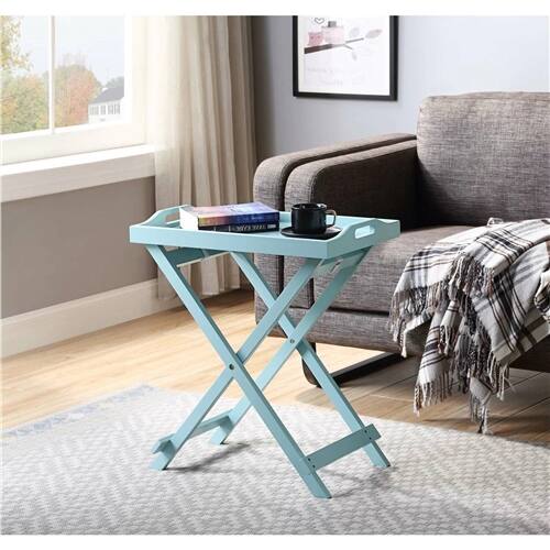 Angle. SlickBlue - Folding TV Tray Table in Seafoam Wood Finish for Bedside or Living Room - Light Blue.