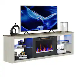 Bestier - 70" Fireplace TV Stand for up to 75" TVs with Tempered Glass & Storage Cabinet - White Wash