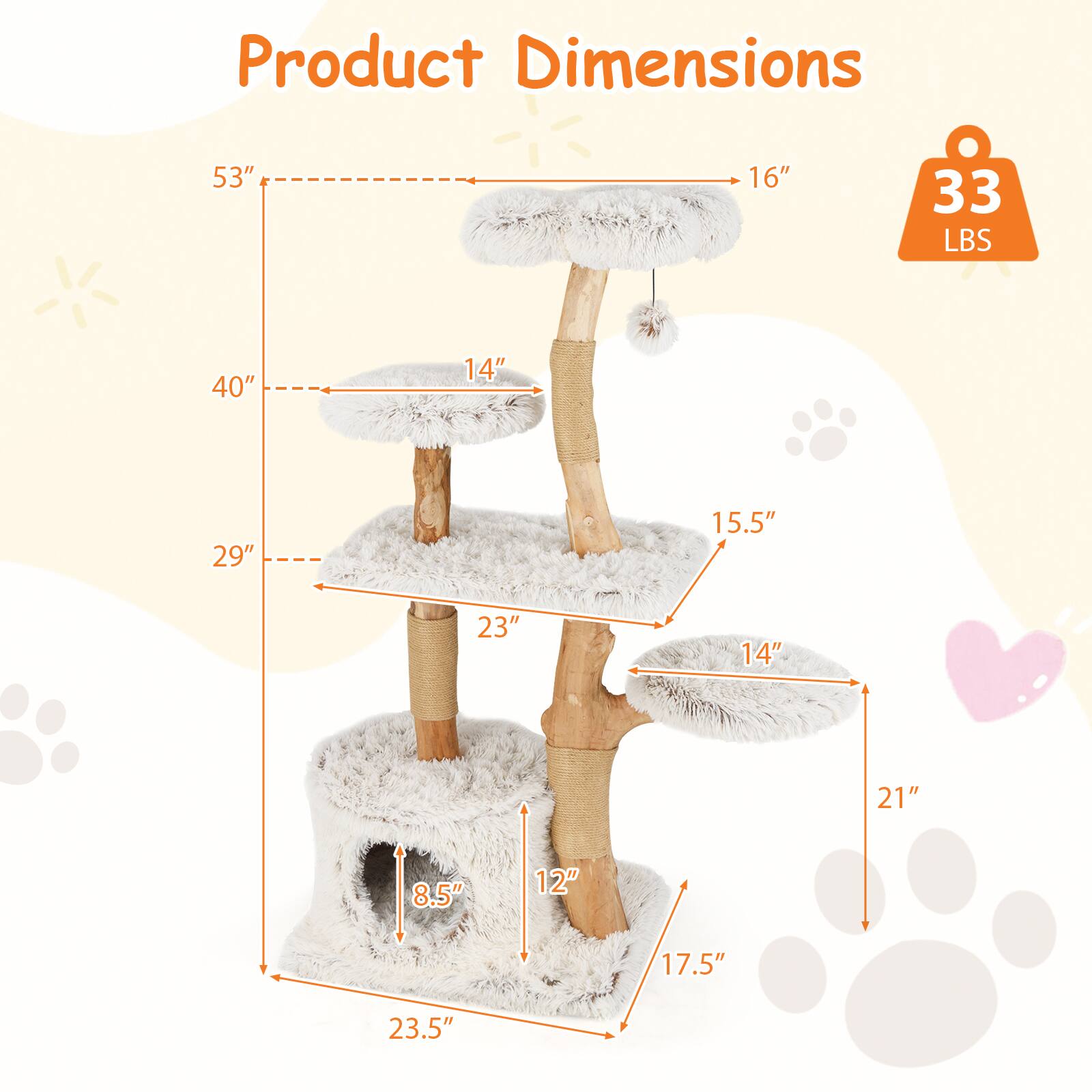 Product Dimensions: 53" x 16" x 33 LBS, 40" x 14" x 29", 15.5" x 23" x 14", 21" x 8.5" x 12", 17.5" x 23.5"