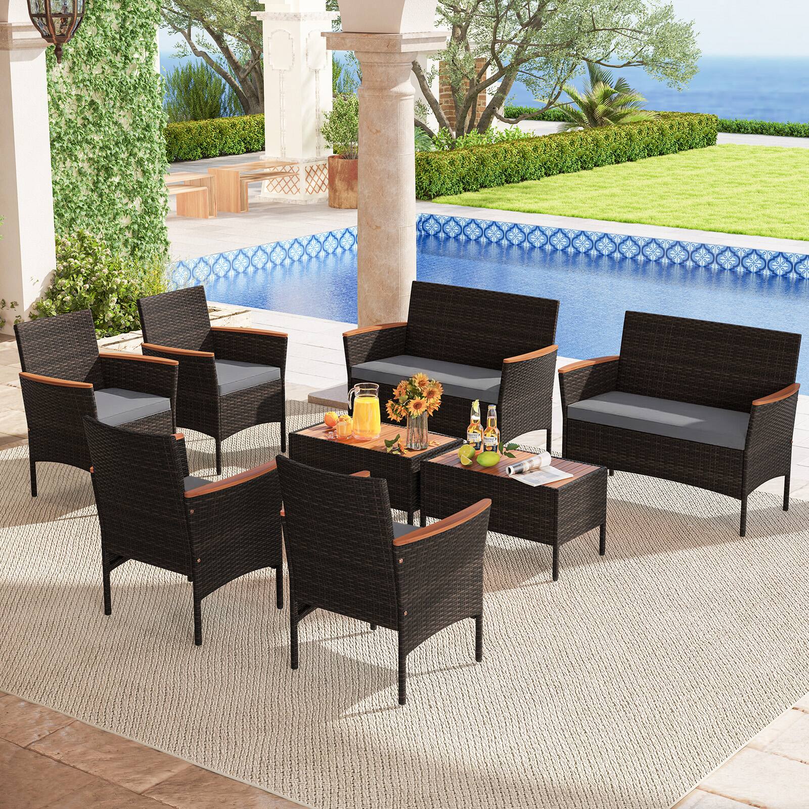 Alt View 1. Gymax - Gymax 8 PCS Patio Wicker Sofa Set w/ Coffee Table Acacia Wood Armrests & Tabletop Mix Brown & Gray - Gray.