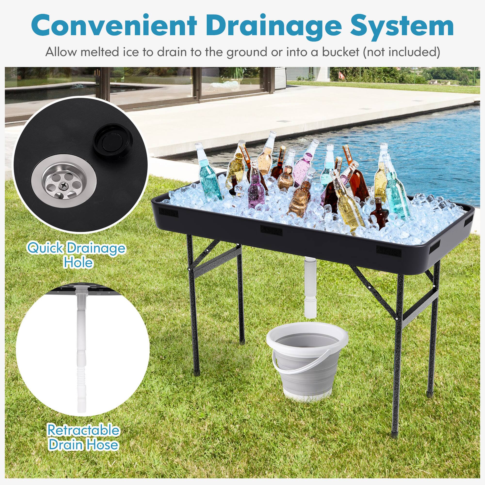 Convenient Drainage System  
Allow melted ice to drain to the ground or into a bucket (not included)  

Quick Drainage Hole  

Retractable Drain Hose