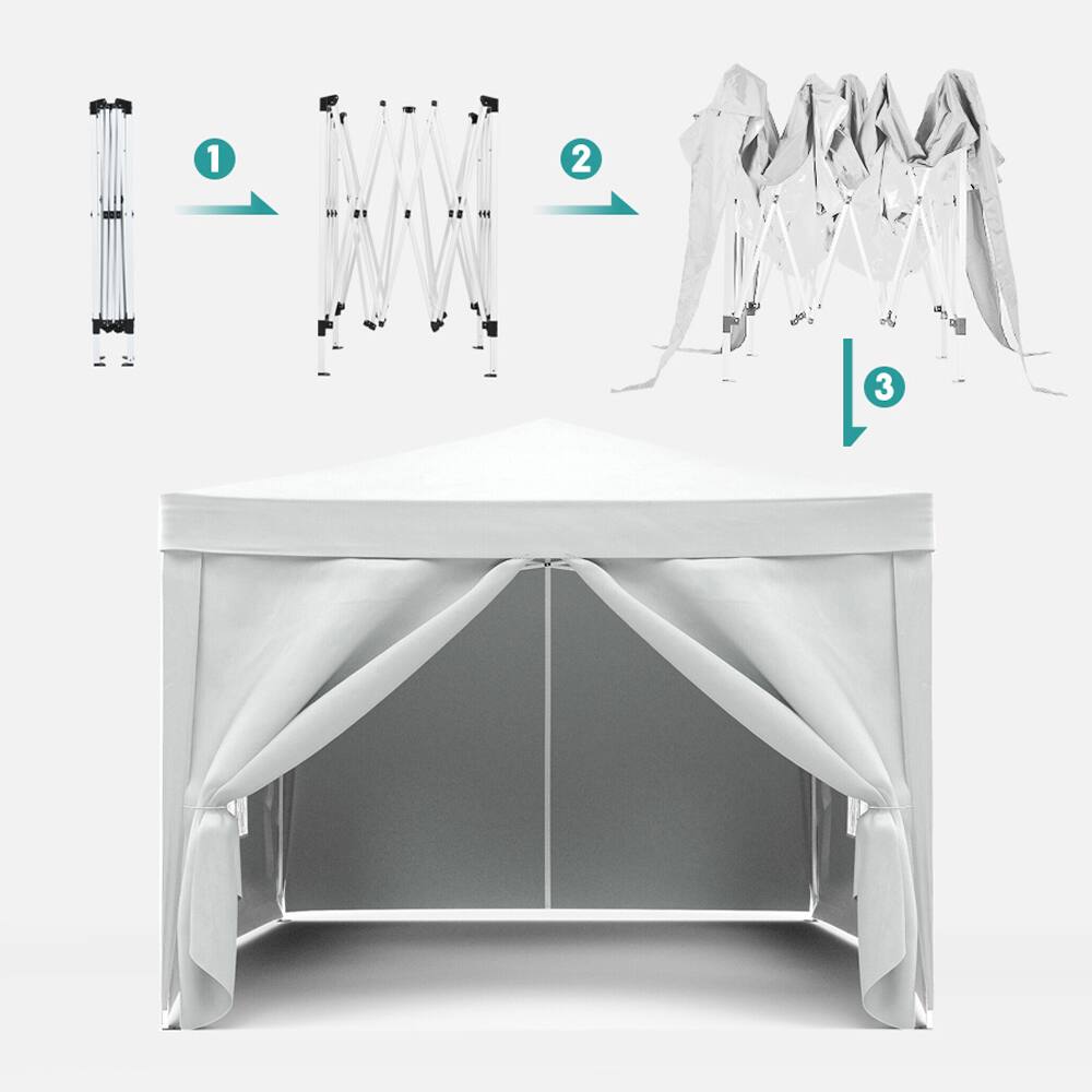 Left. JUJABU - White 10'x10' Outdoor Event Portable Tent Shelter UPF 50+ with 4 Removable Sidewalls and Carry Bag - White.