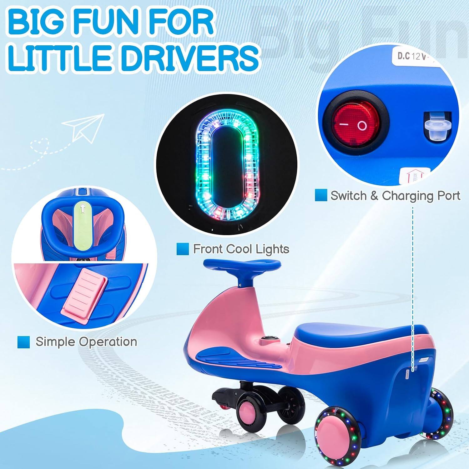 BIG FUN FOR LITTLE DRIVERS

- D.C 12V
- Switch & Charging Port
- Front Cool Lights
- Simple Operation