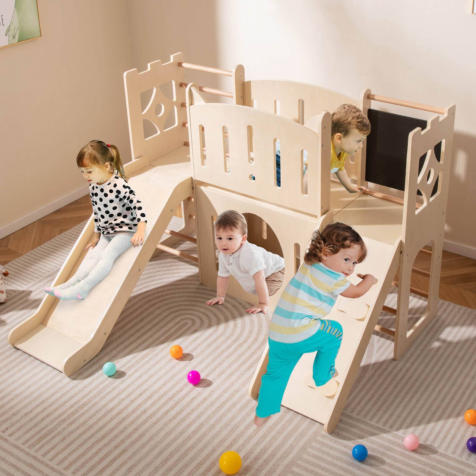 Alt View 3. Costway - Costway 8-in-1 Toddler Slide with Slide Climber, Ladders, Toy Storage, Chalkboard, Hideouts - Natural.