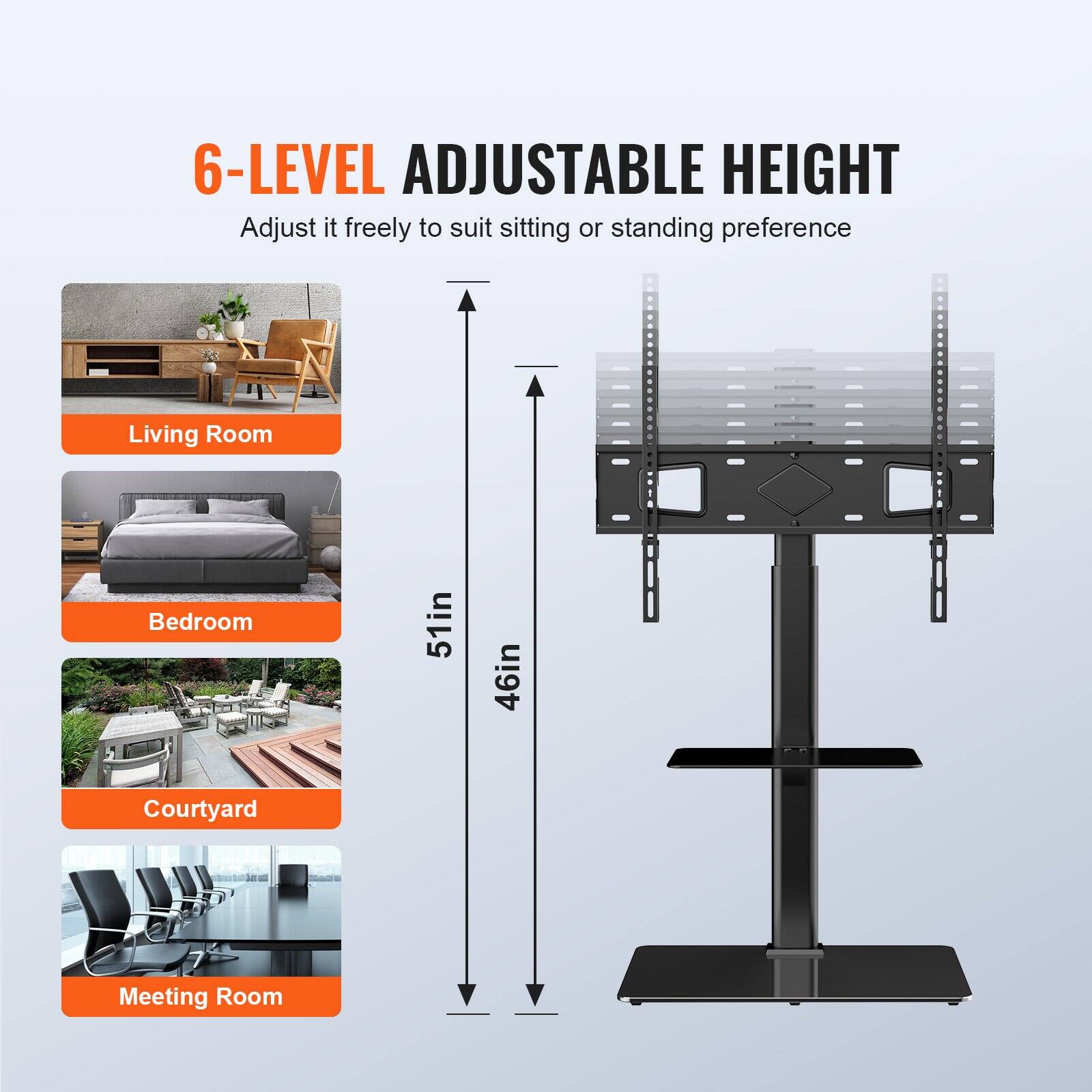 6-LEVEL ADJUSTABLE HEIGHT  
Adjust it freely to suit sitting or standing preference  

Living Room  
Bedroom  
Courtyard  
Meeting Room  

51in  
46in