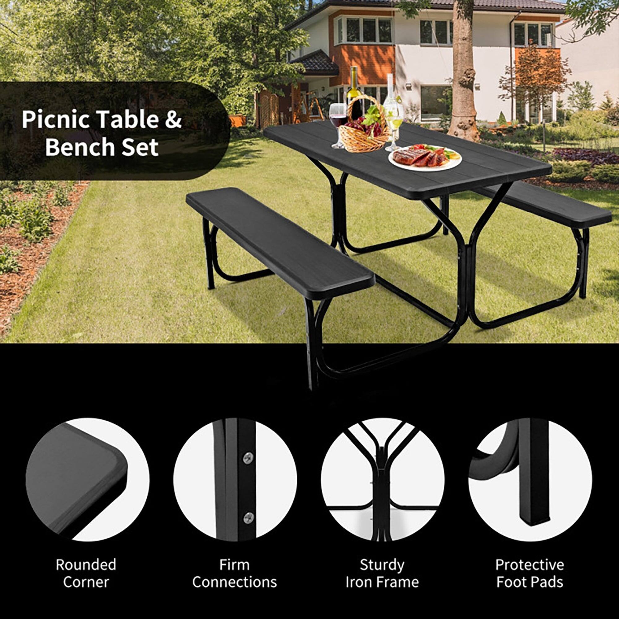 Picnic Table & Bench Set

- Rounded Corner
- Firm Connections
- Sturdy Iron Frame
- Protective Foot Pads