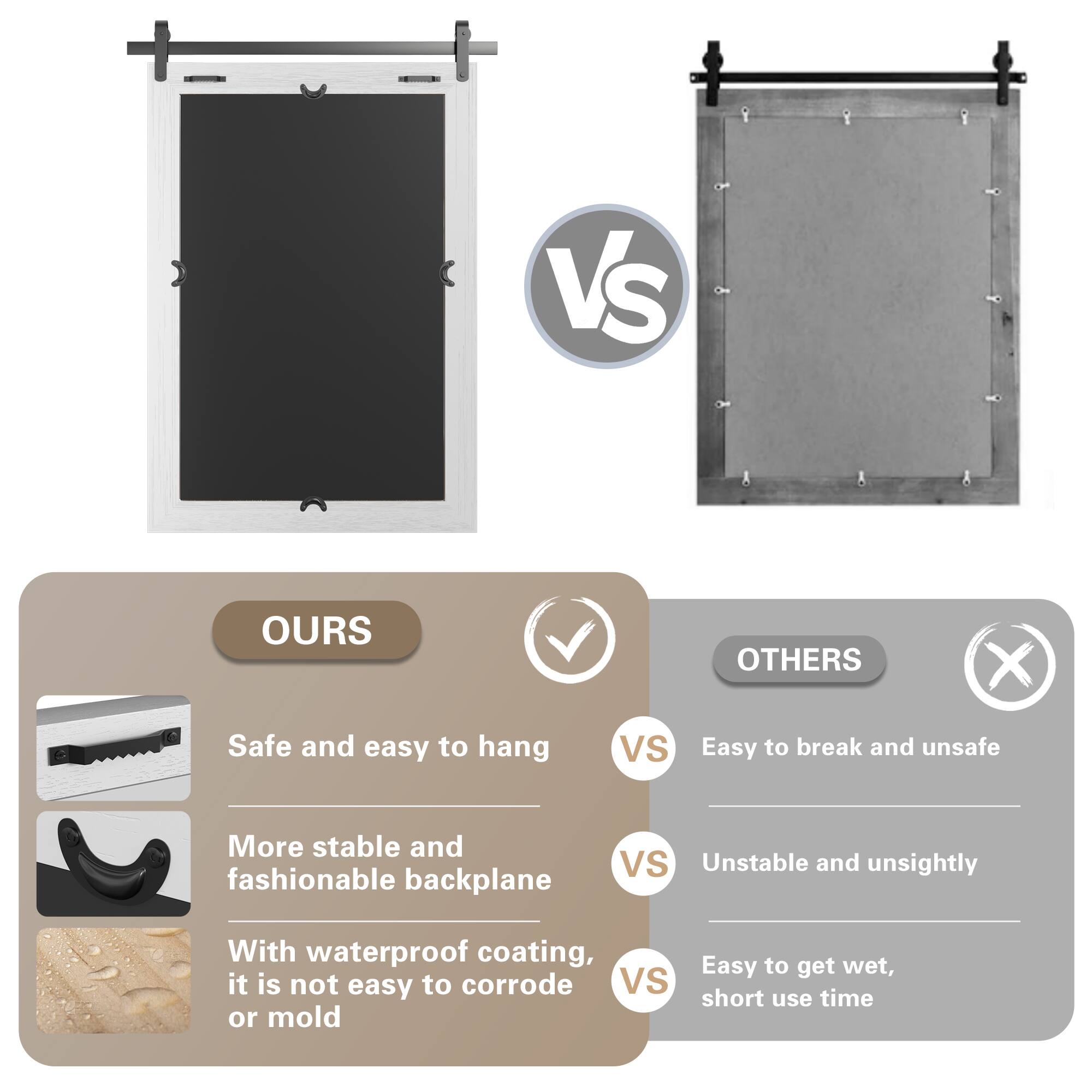 **OURS**  
- Safe and easy to hang  
- More stable and fashionable backplane  
- With waterproof coating, it is not easy to corrode or mold  

**VS**  

**OTHERS**  
- Easy to break and unsafe  
- Unstable and unsightly  
- Easy to get wet, short use time