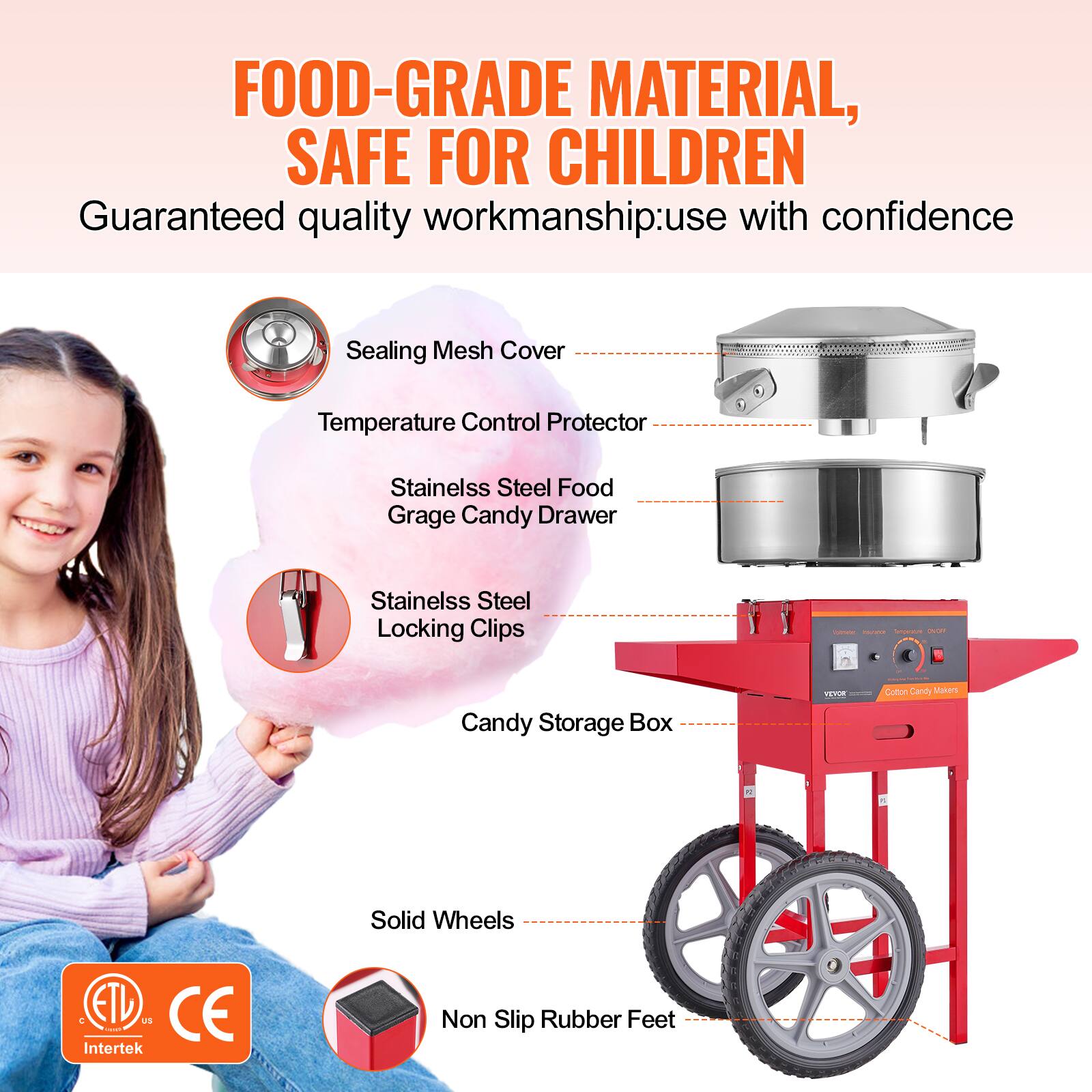 FOOD-GRADE MATERIAL, SAFE FOR CHILDREN

Guaranteed quality workmanship: use with confidence

- Sealing Mesh Cover
- Temperature Control Protector
- Stainless Steel Food Grage Candy Drawer
- Stainless Steel Locking Clips
- Candy Storage Box
- Solid Wheels
- Non Slip Rubber Feet

ETL, CE, Intertek