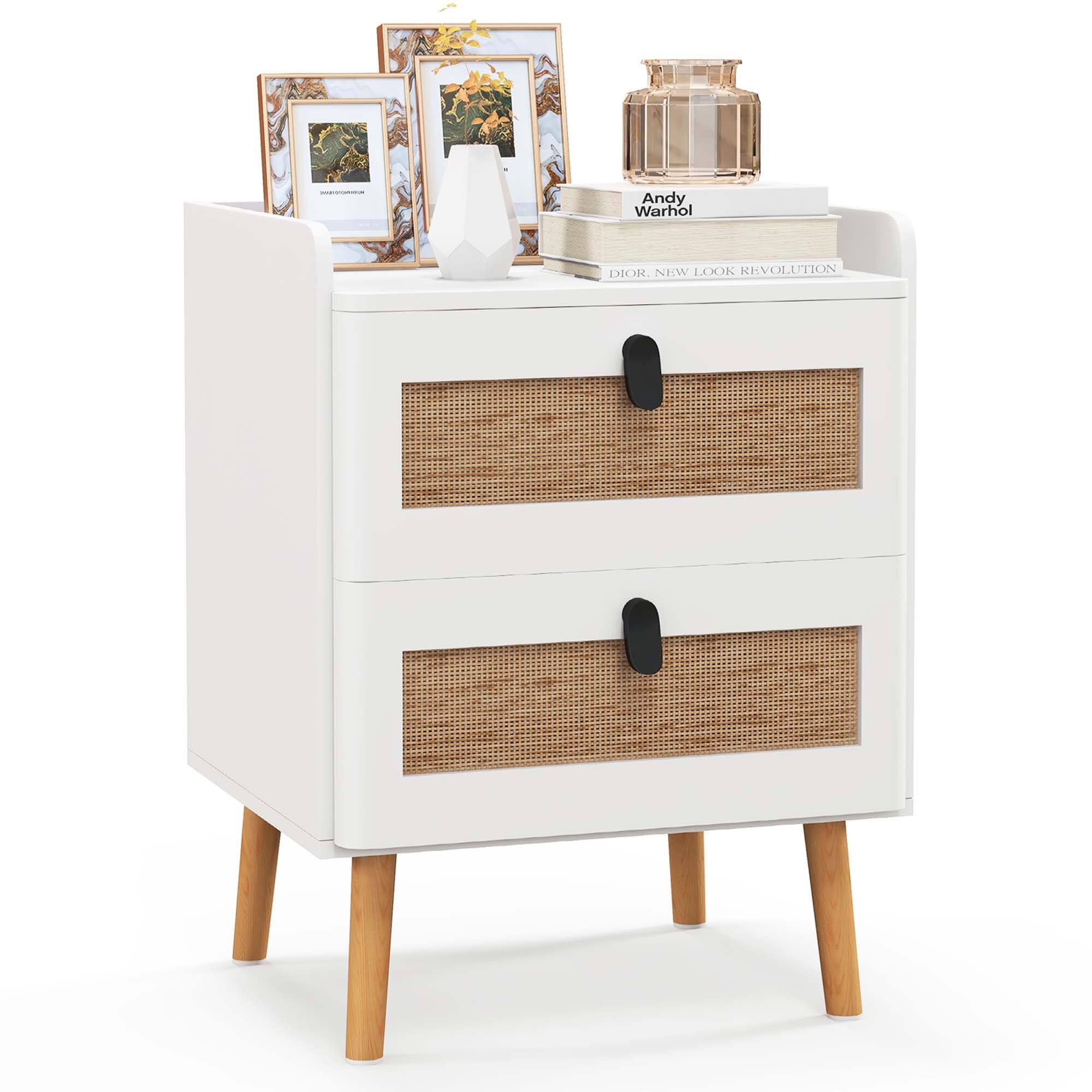 Costway - 1 PC Modern Nightstand End Bedside Table with 2 Rattan Drawers & Solid Wood Legs - White/Natural