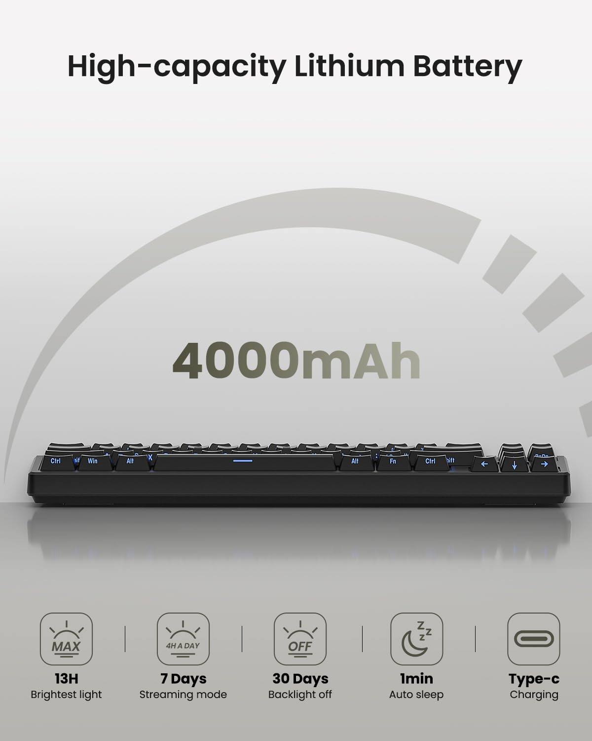 High-capacity Lithium Battery  
4000mAh  

- 13H Brightest light  
- 7 Days Streaming mode  
- 30 Days Backlight off  
- 1min Auto sleep  
- Type-c Charging