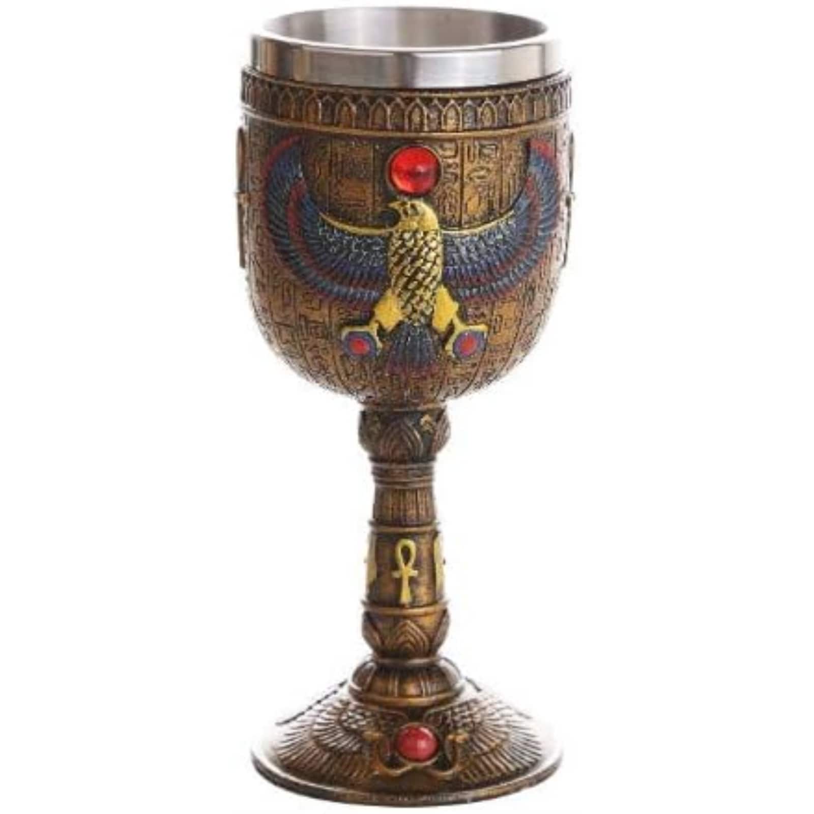 Photos - Glass Pacific Trading - Ancient Egyptian Winged Horus Falcon Ceremonial Wine Goblet Chalice Cup Resin Body Stainless Steel Cup 7 o 