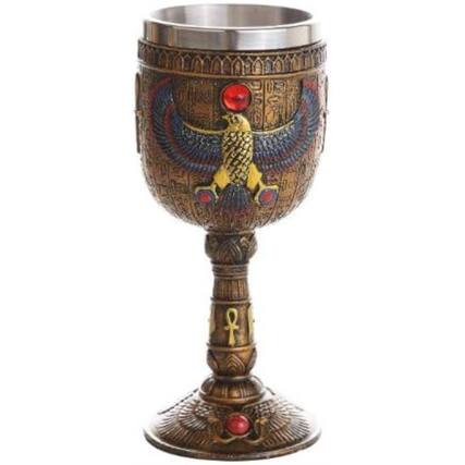 Front. Pacific Trading - Ancient Egyptian Winged Horus Falcon Ceremonial Wine Goblet Chalice Cup Resin Body Stainless Steel Cup 7 ounce - Gold.