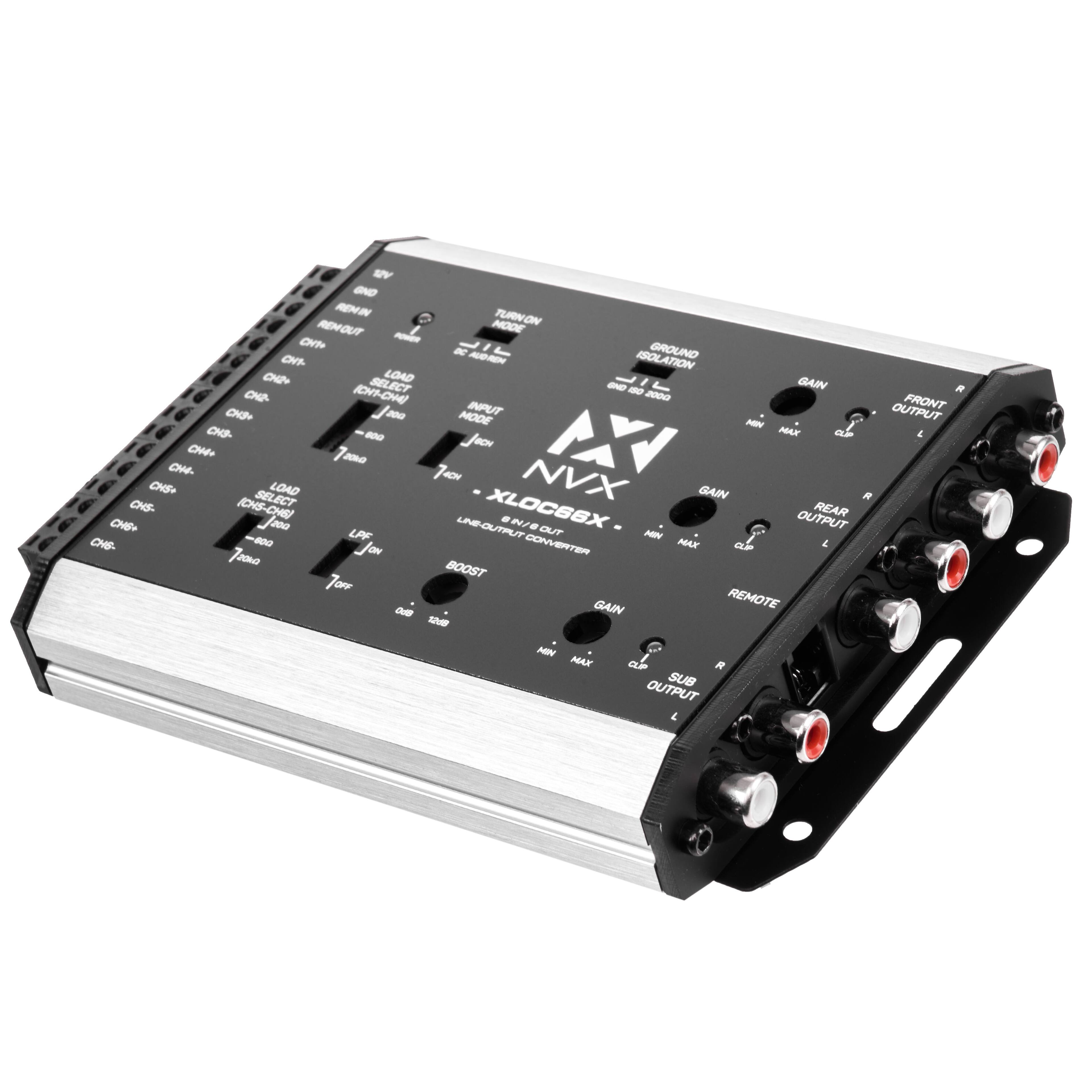 Sure, here is the corrected and grouped text from the image:

---

**Front Panel:**

- **NVX**
- **XLC66X**
- **LINE OUTPUT CONVERTER**

**Left Side:**

- **GROUND ISOLATION**
- **ON/OFF**
- **REAR OUTPUT**
  - GAIN
    - MIN
    - MAX
    - CLIP
  - SUB OUTPUT
    - L
    - R

**Center:**

- **INPUT MODE**
  - ON
  - OFF
- **LOAD SELECT**
  - 2000
  - 4000
- **BOOST**
  - ON
  - OFF
- **LPF**
  - ON
  - OFF
- **REMOTE**
  - ON
  - OFF

**Right Side:**

- **FRONT OUTPUT**
  - GAIN
    - MIN
    - MAX
    - CLIP
- **REAR OUTPUT**
  - GAIN
    - MIN
    - MAX
    - CLIP
- **SUB OUTPUT**
  - L
  - R

**Top Side:**

- **CHANNELS**
  - CH1
  - CH2
 
