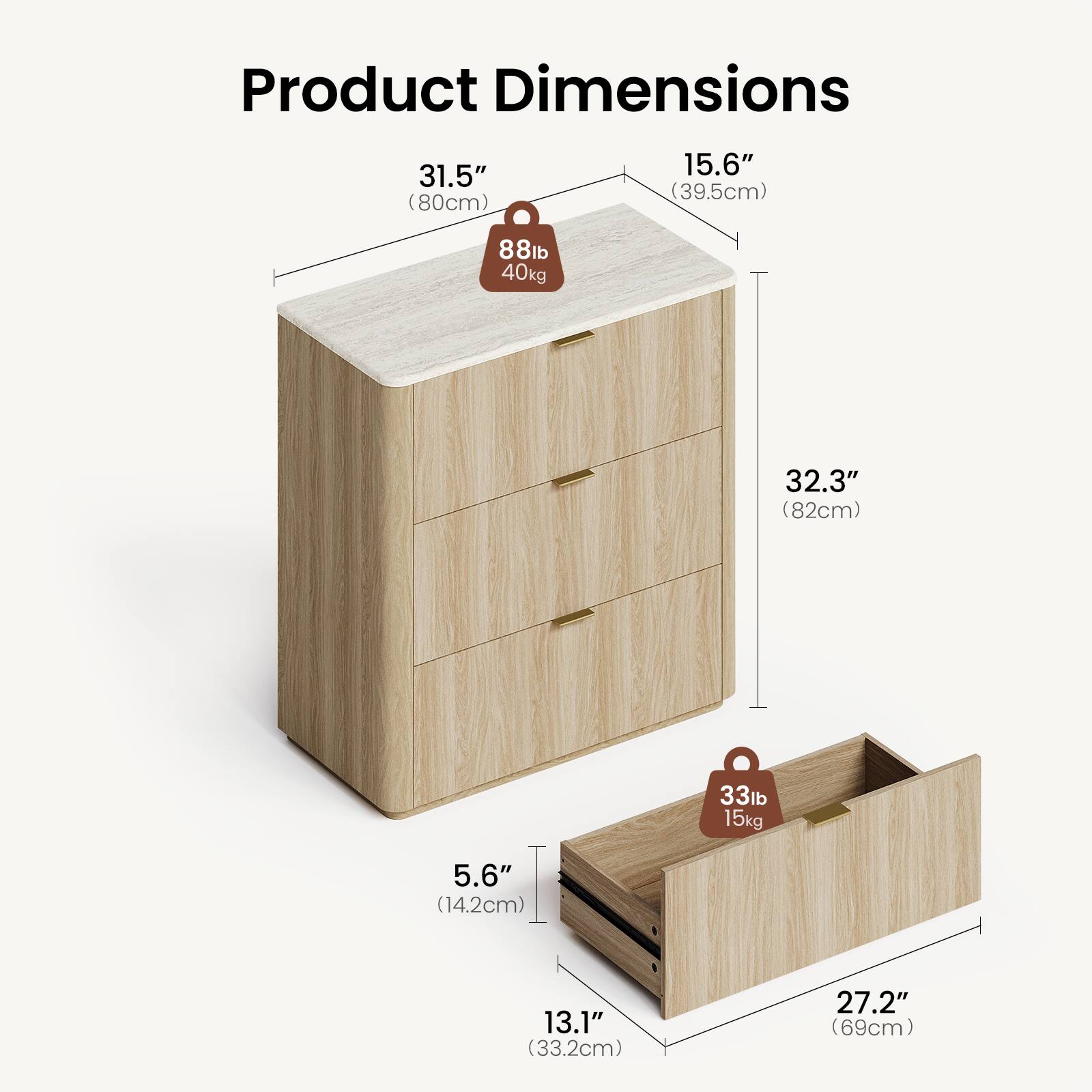Product Dimensions

- 31.5" (80cm) x 15.6" (39.5cm) x 32.3" (82cm)
- Weight: 88lb (40kg)
- Drawer Dimensions: 13.1" (33.2cm) x 5.6" (14.2cm) x 27.2" (69cm)
- Drawer Weight Capacity: 33lb (15kg)
