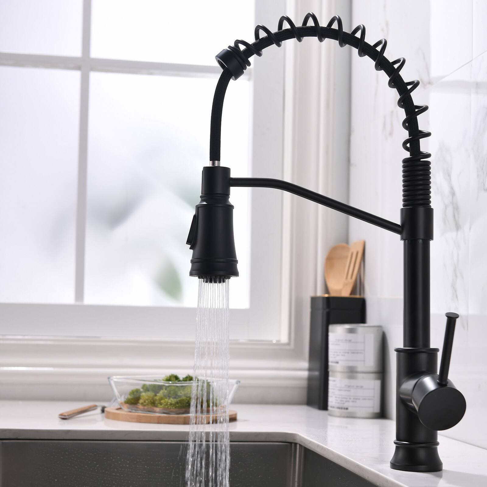 Angle. APRILSOUL - Kitchen Faucet with Pull Out Sprayer Black Stainless Steel Single Handle Kitchen Sink Faucets - Black.