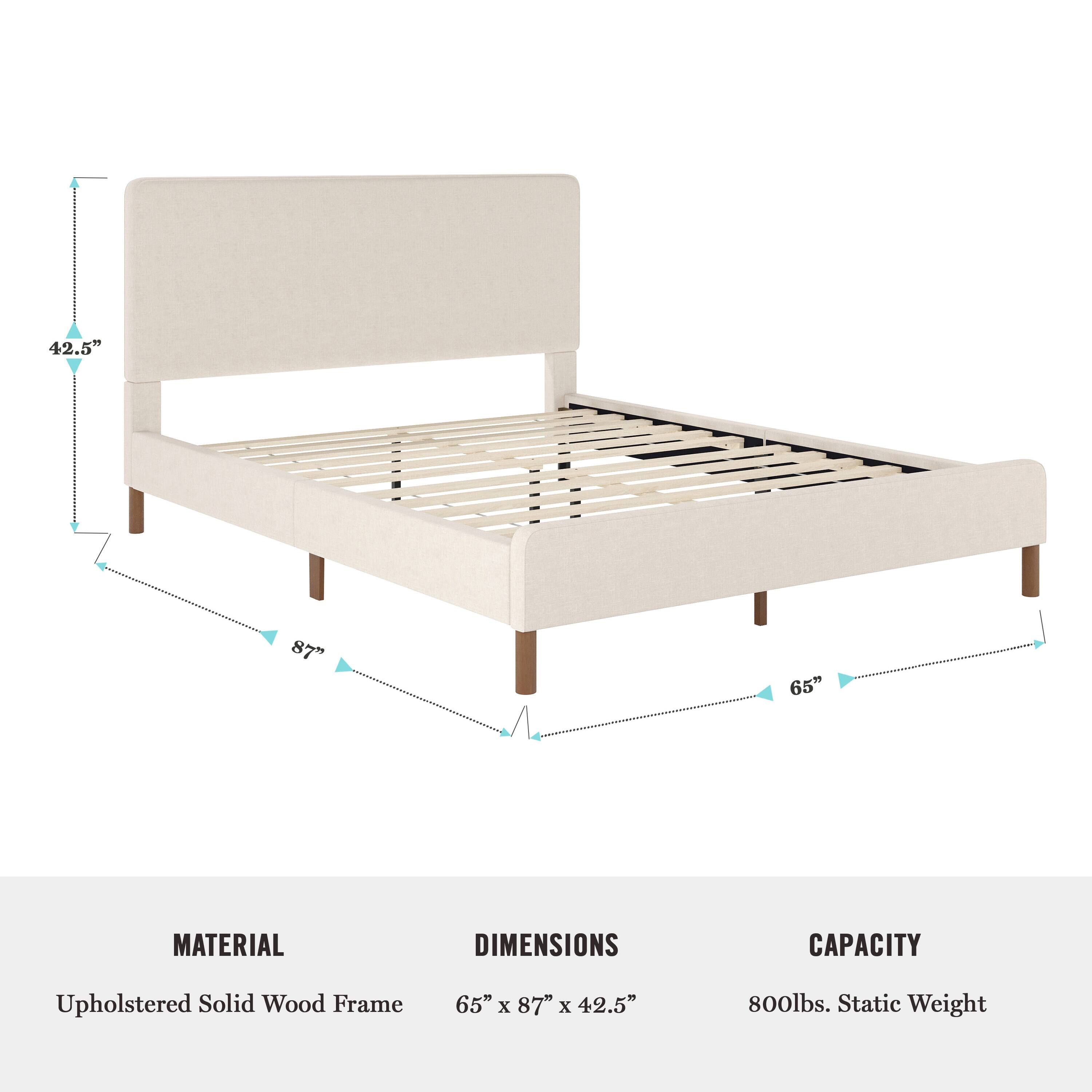 The text on the image reads: "Material: Upholstered Solid Wood Frame 65" x 87" x 42.5" 800lbs. Static Weight."