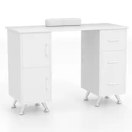 Front. Costway - Costway Wooden Nail Desk Station with Removable Wrist Rest Metal Legs & 3 Drawers, 2 Cabinets - White.