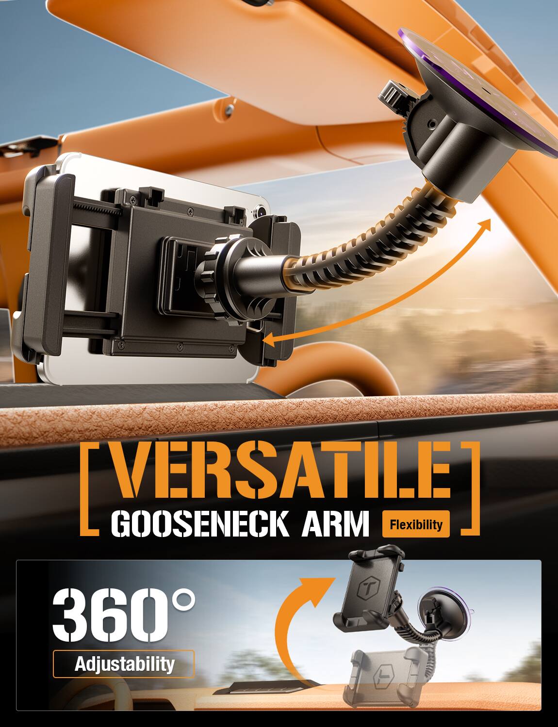 The corrected text from the image is:

"VERSATILE GOOSENECK ARM Flexibility 360° Adjustability"