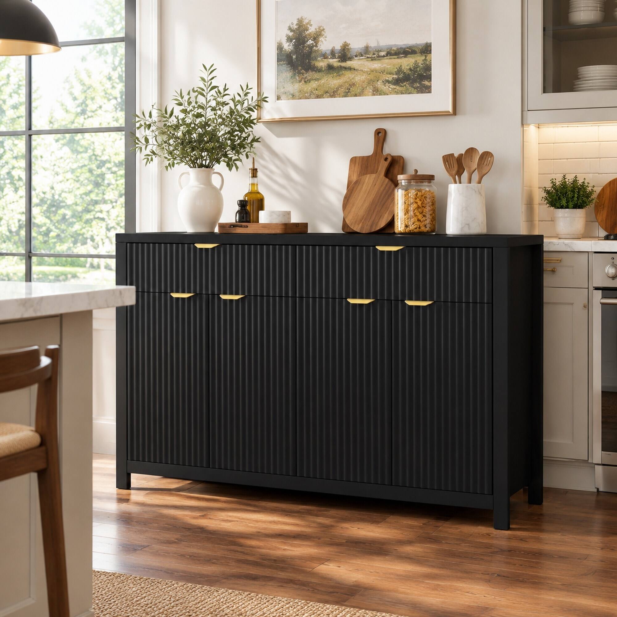 Angle. RYHNUYNE - Freestanding 55.1 Inch Sideboard Buffet Cabinet with Adjustable Shelves, 2 Drawers and 4 Doors, Modern - Black.