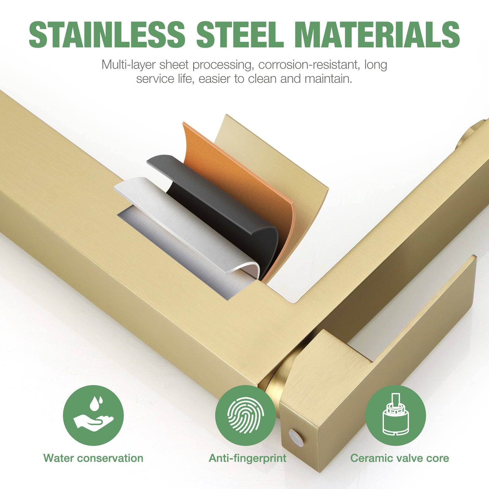 STAINLESS STEEL MATERIALS
Multi-layer sheet processing, corrosion-resistant, long service life, easier to clean and maintain.
Water conservation
Anti-fingerprint
Ceramic valve core