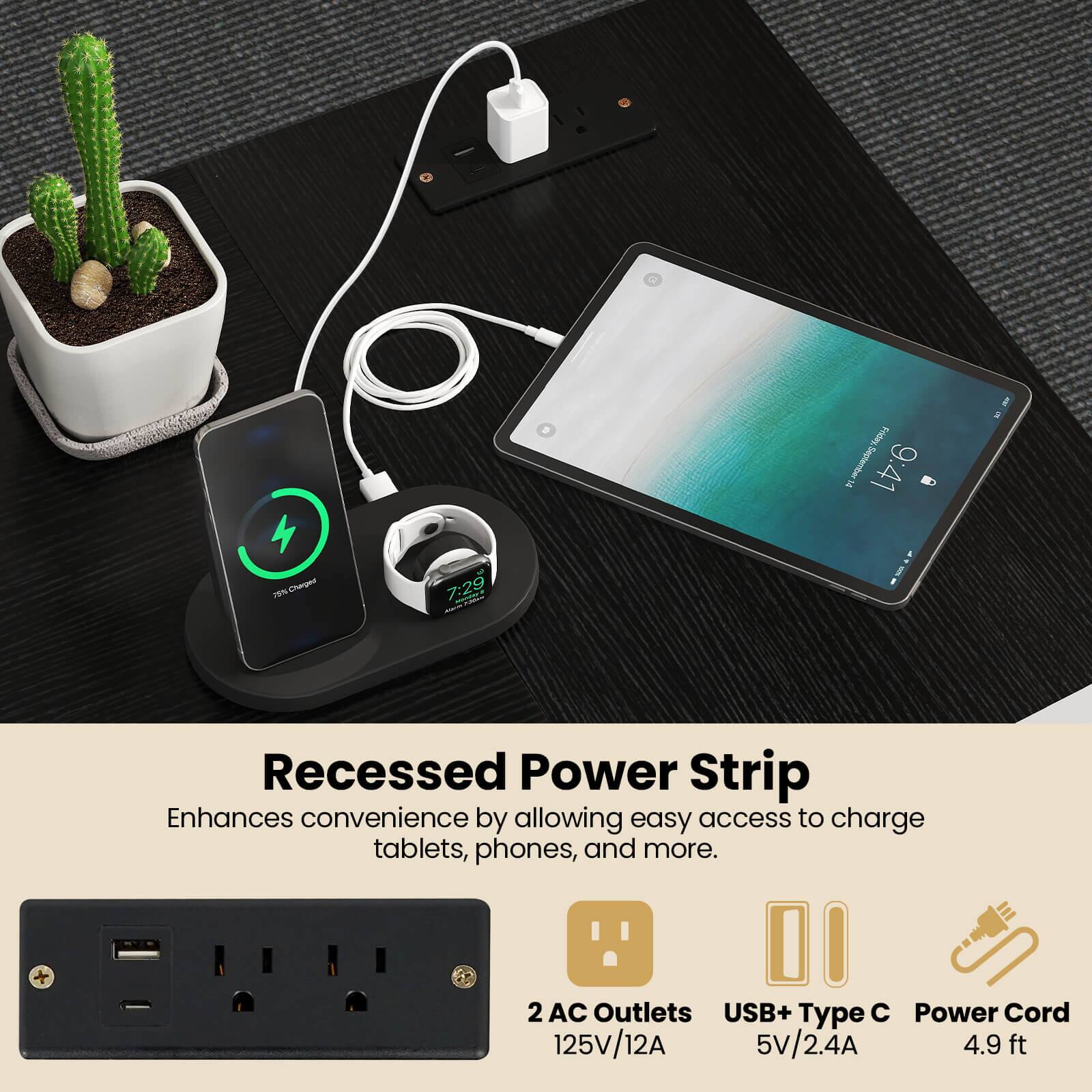 Recessed Power Strip Enhances convenience by allowing easy access to charge tablets, phones, and more. 2 AC Outlets USB+ Type C Power Cord 125V/12A 5V/2.4A 4.9 ft