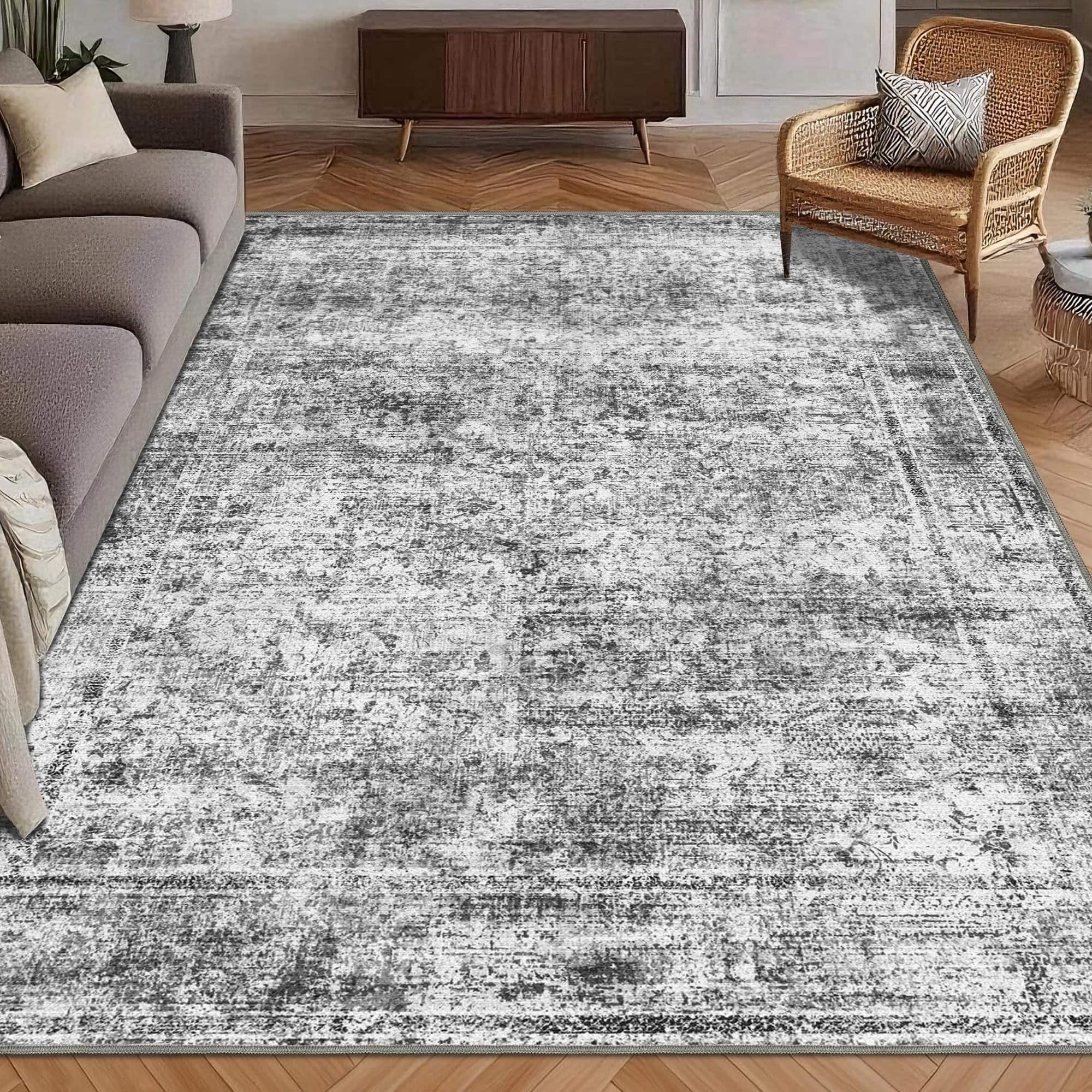 Fabibe - 8' X 10' Traditional Persian Machine Washable Wool WASHABLE AREA VINTAGE TRADITIONAL PERSIAN MAT FOLDABLE DISTRESSED - Graphite and Mist 3' x 5' (Rectangular)